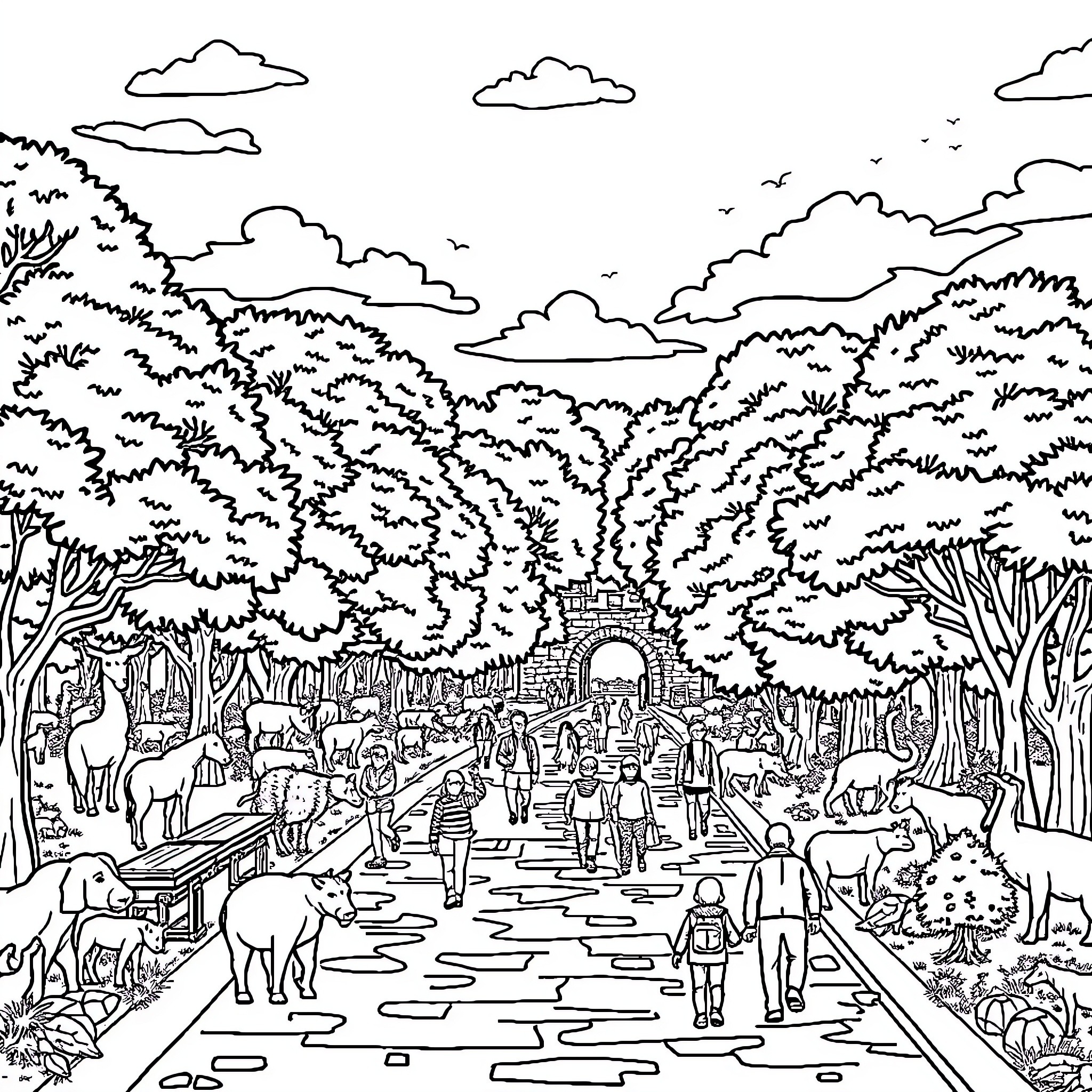 Zoo bustling with visitors and animals Coloring Page (free black-and-white line drawing printable PDF for all, from beginners to advanced learners, including children, teens, adults, and seniors)
