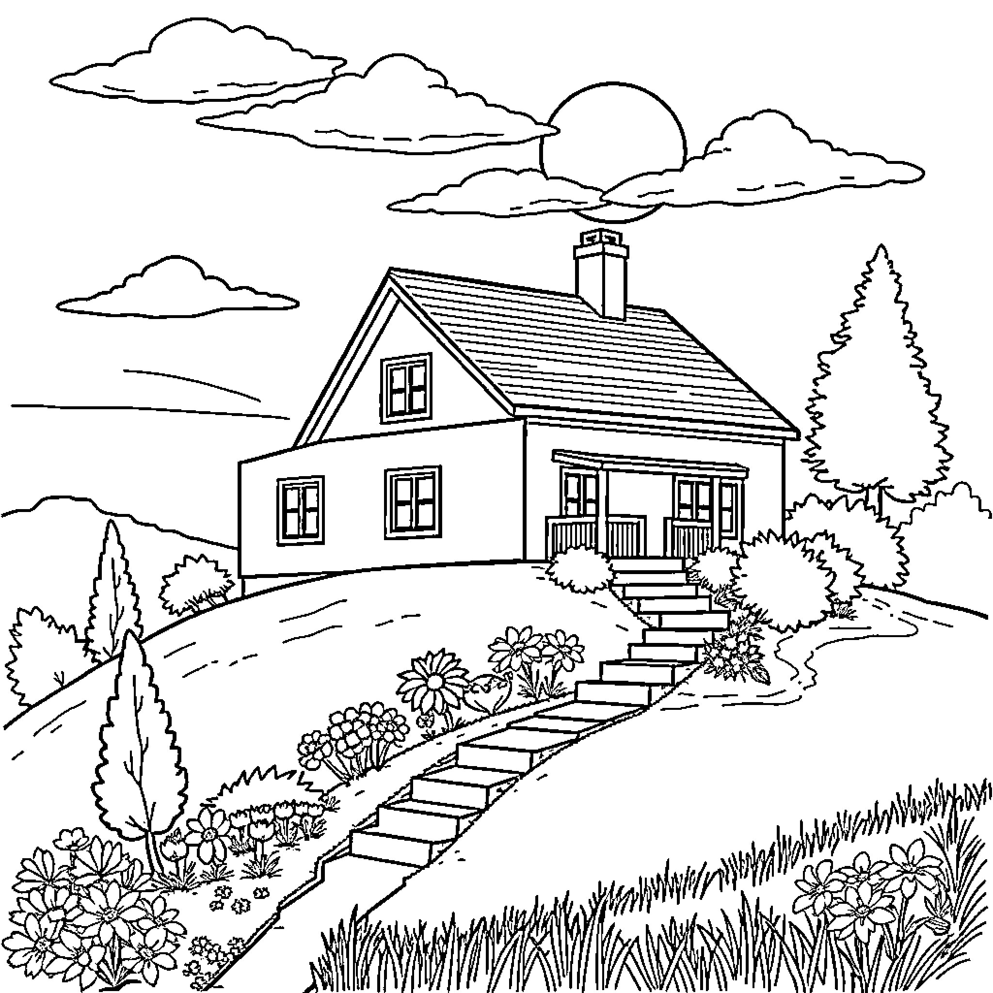 House with a scenic landscape and gardens Coloring Page (free black-and-white line drawing printable PDF for all, from beginners to advanced learners, including children, teens, adults, and seniors)