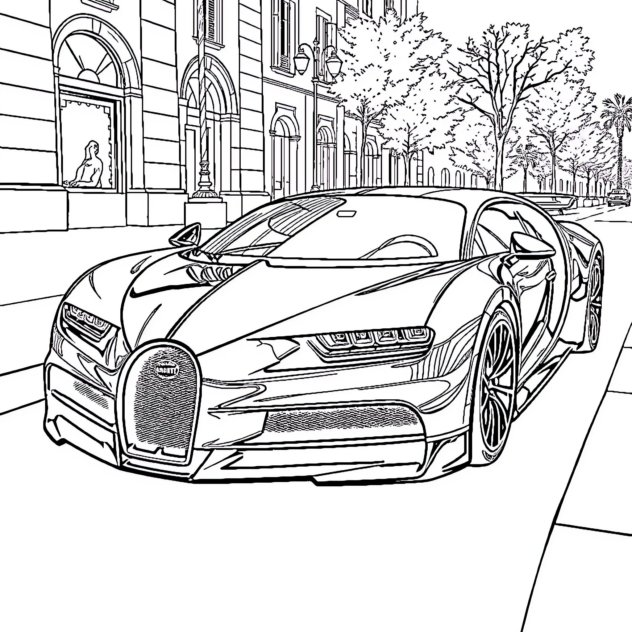 Bugatti sports car in city street scene Coloring Page (free black-and-white line drawing printable PDF for all, from beginners to advanced learners, including children, teens, adults, and seniors)