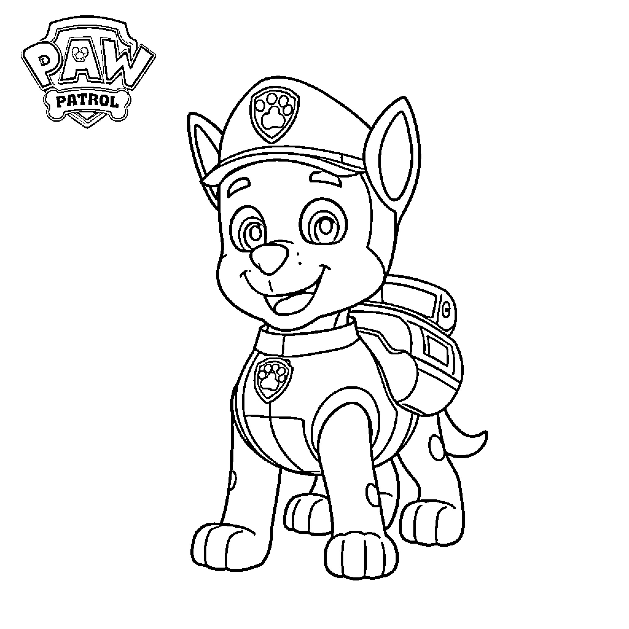 Ruben the pup in his police uniform Coloring Page (free black-and-white line drawing printable PDF for all, from beginners to advanced learners, including children, teens, adults, and seniors)