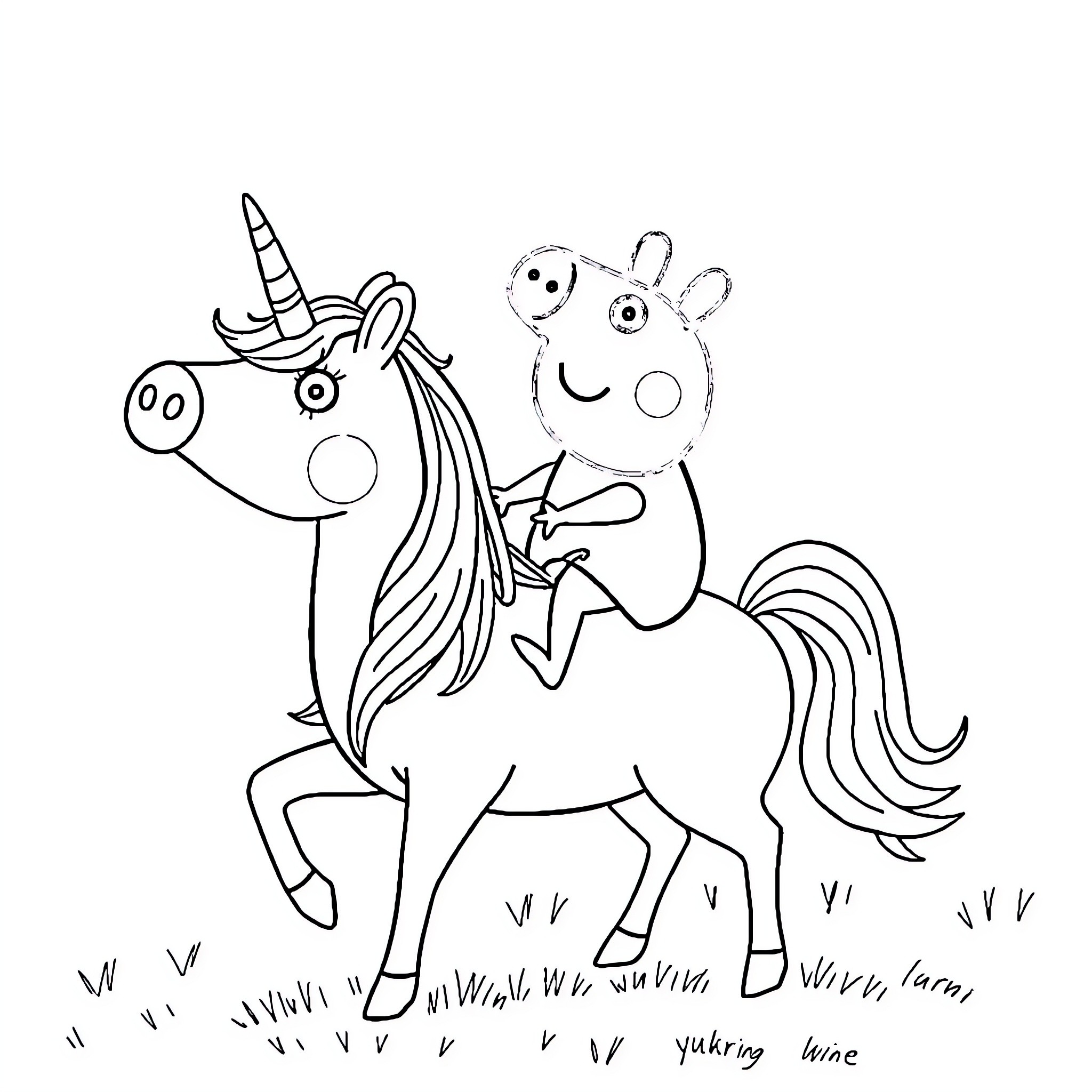 Peppa Pig and her unicorn friend explore the outdoors Coloring Page (free black-and-white line drawing printable PDF for all, from beginners to advanced learners, including children, teens, adults, and seniors)