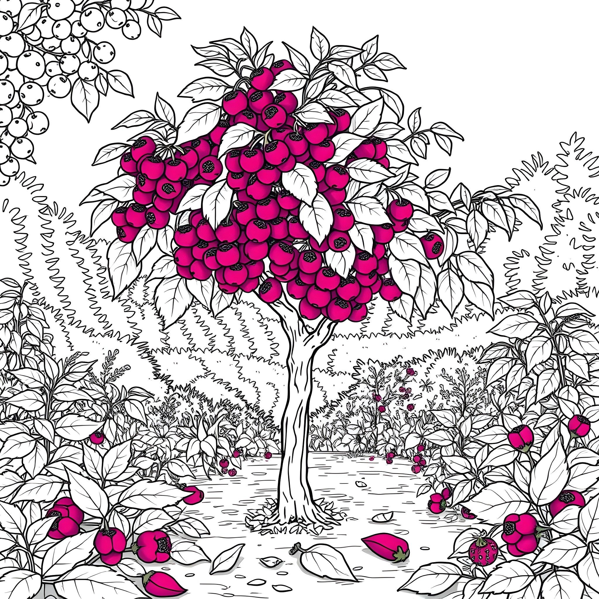 Bilberry garden with vibrant purple berries Coloring Page (free black-and-white line drawing printable PDF for all, from beginners to advanced learners, including children, teens, adults, and seniors)