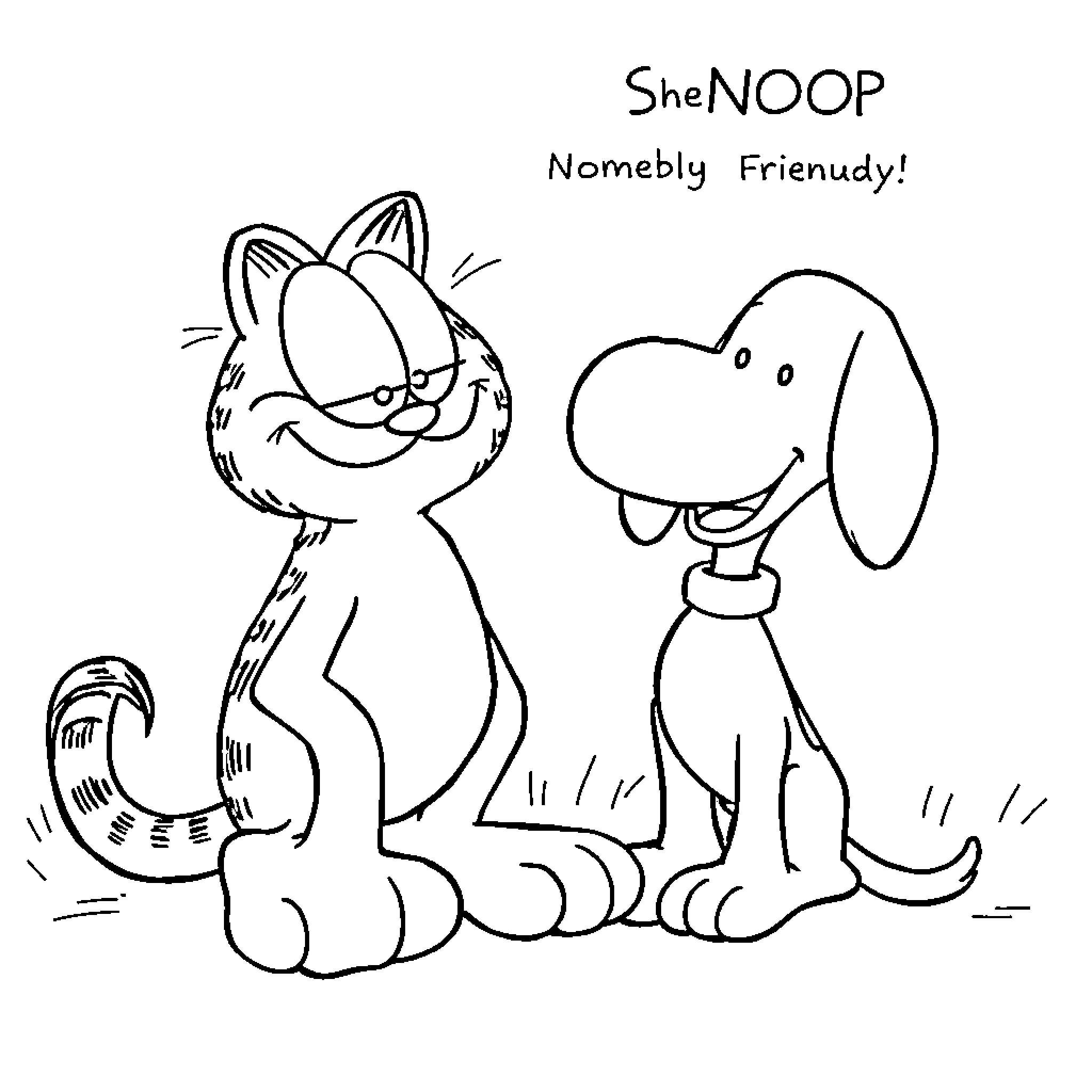 Garfield and his Friendly Canine Companion Coloring Page (free black-and-white line drawing printable PDF for all, from beginners to advanced learners, including children, teens, adults, and seniors)