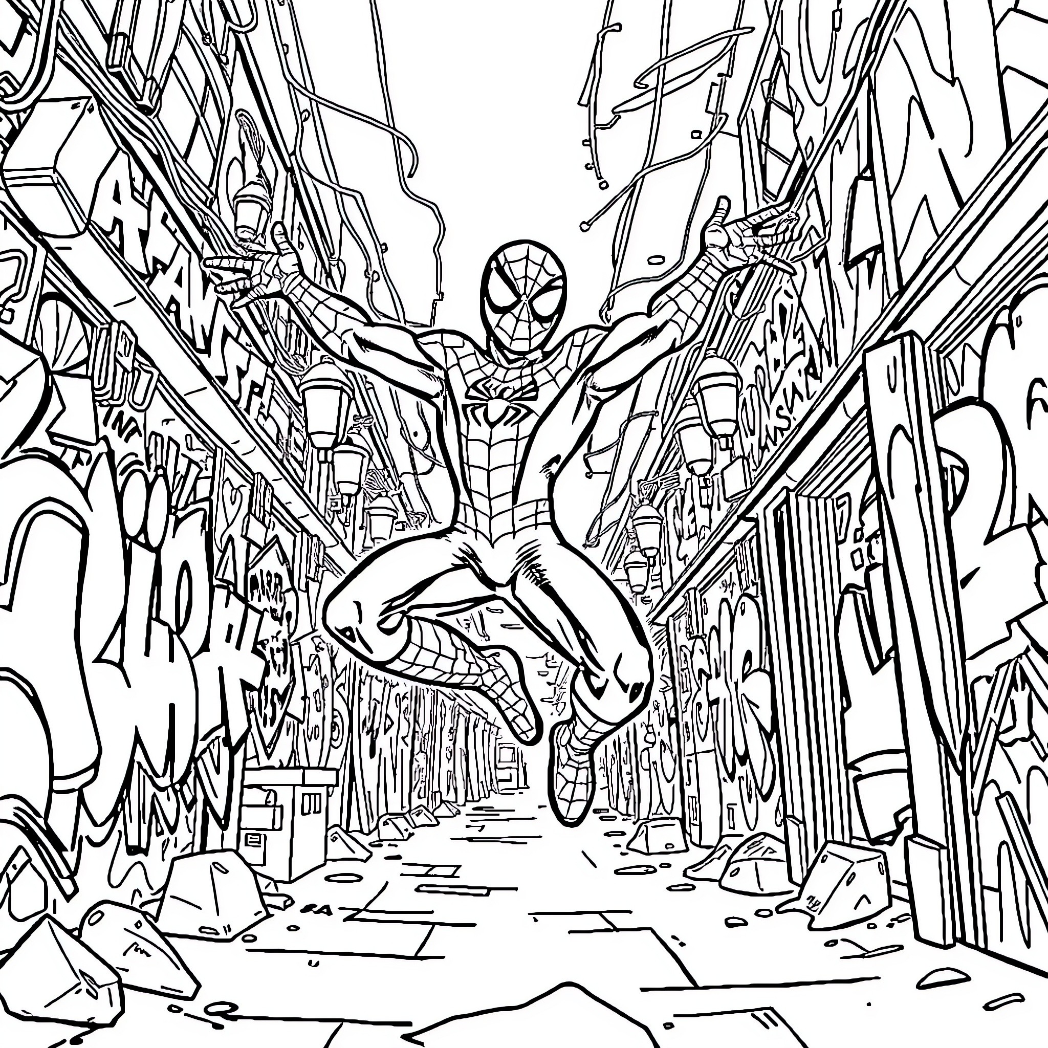 Spiderman swinging through a chaotic city scene Coloring Page (free black-and-white line drawing printable PDF for all, from beginners to advanced learners, including children, teens, adults, and seniors)