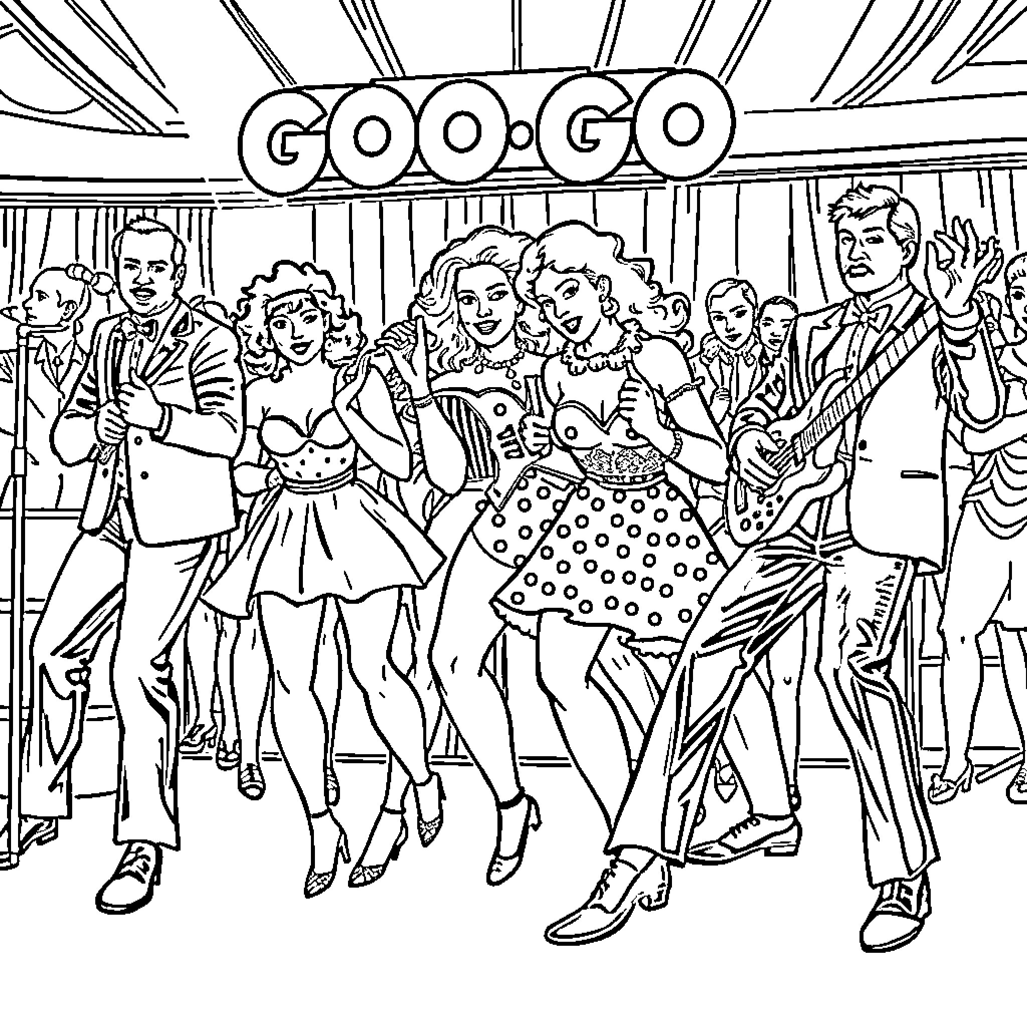 Go-Go Dancers Perform on Stage with Enthusiasm Coloring Page (free black-and-white line drawing printable PDF for all, from beginners to advanced learners, including children, teens, adults, and seniors)