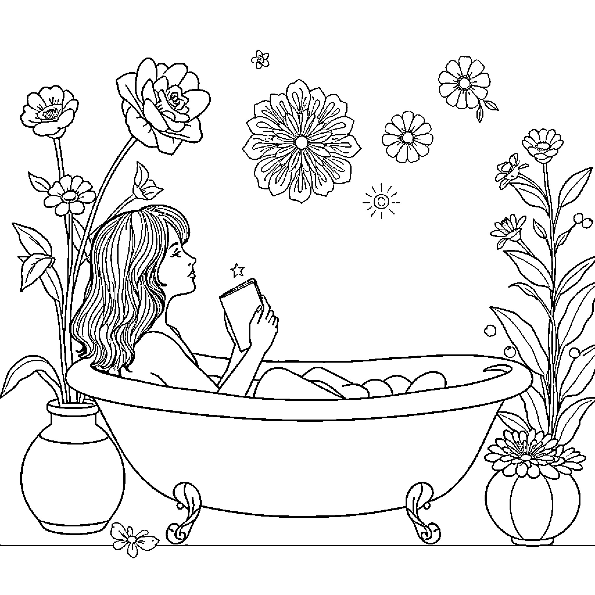 Woman relaxing in bathtub surrounded by flowers Coloring Page (free black-and-white line drawing printable PDF for all, from beginners to advanced learners, including children, teens, adults, and seniors)