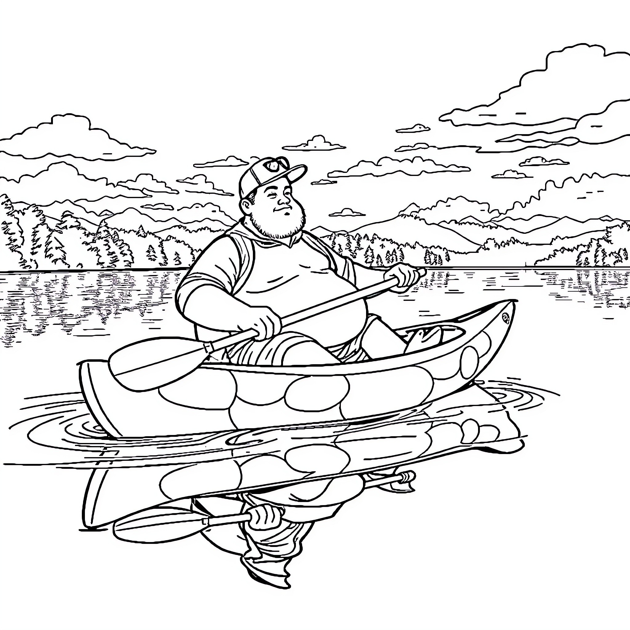 Man paddling in a canoe on a lake surrounded by nature Coloring Page (free black-and-white line drawing printable PDF for all, from beginners to advanced learners, including children, teens, adults, and seniors)