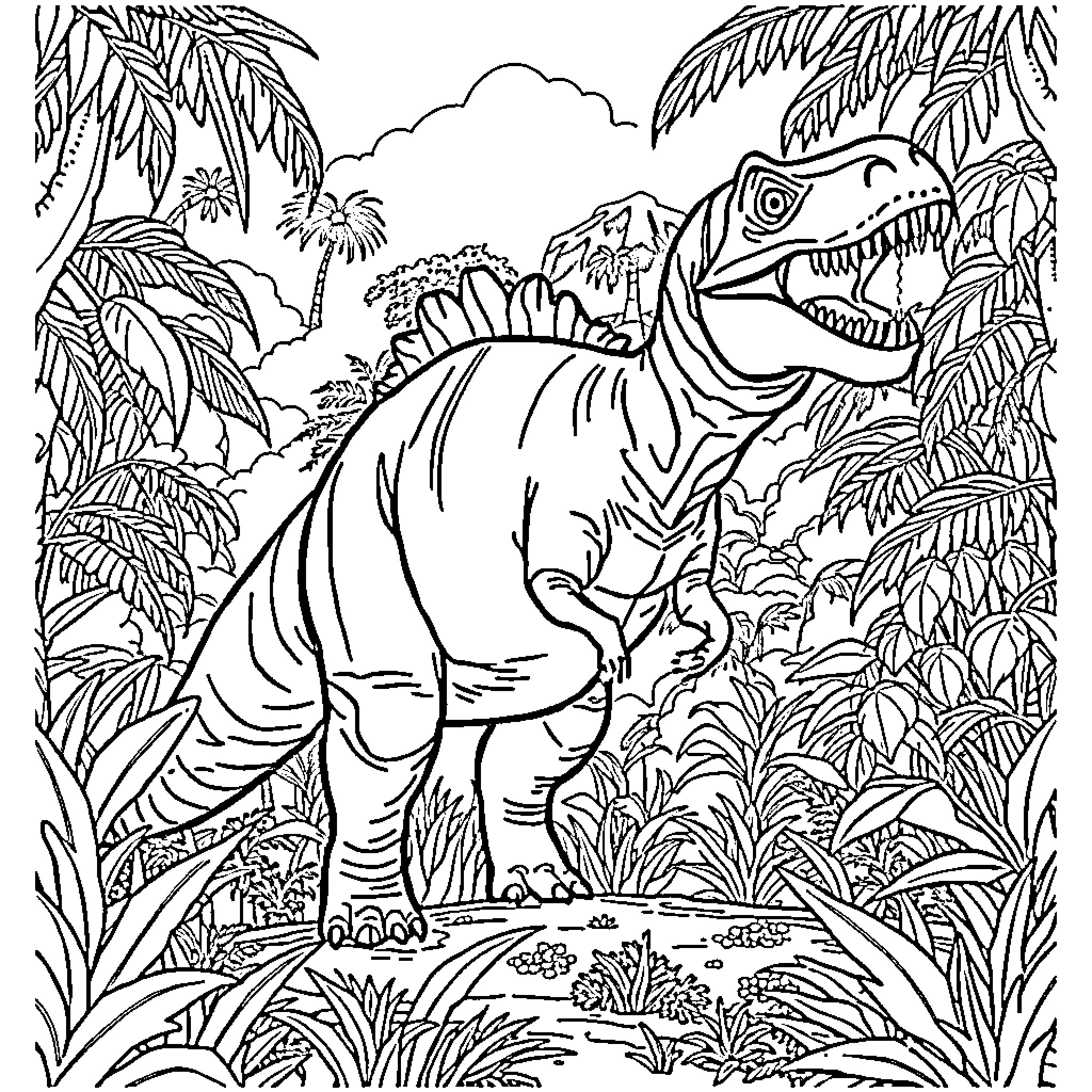 Dinosaur roaming through lush jungle landscape Coloring Page (free black-and-white line drawing printable PDF for all, from beginners to advanced learners, including children, teens, adults, and seniors)