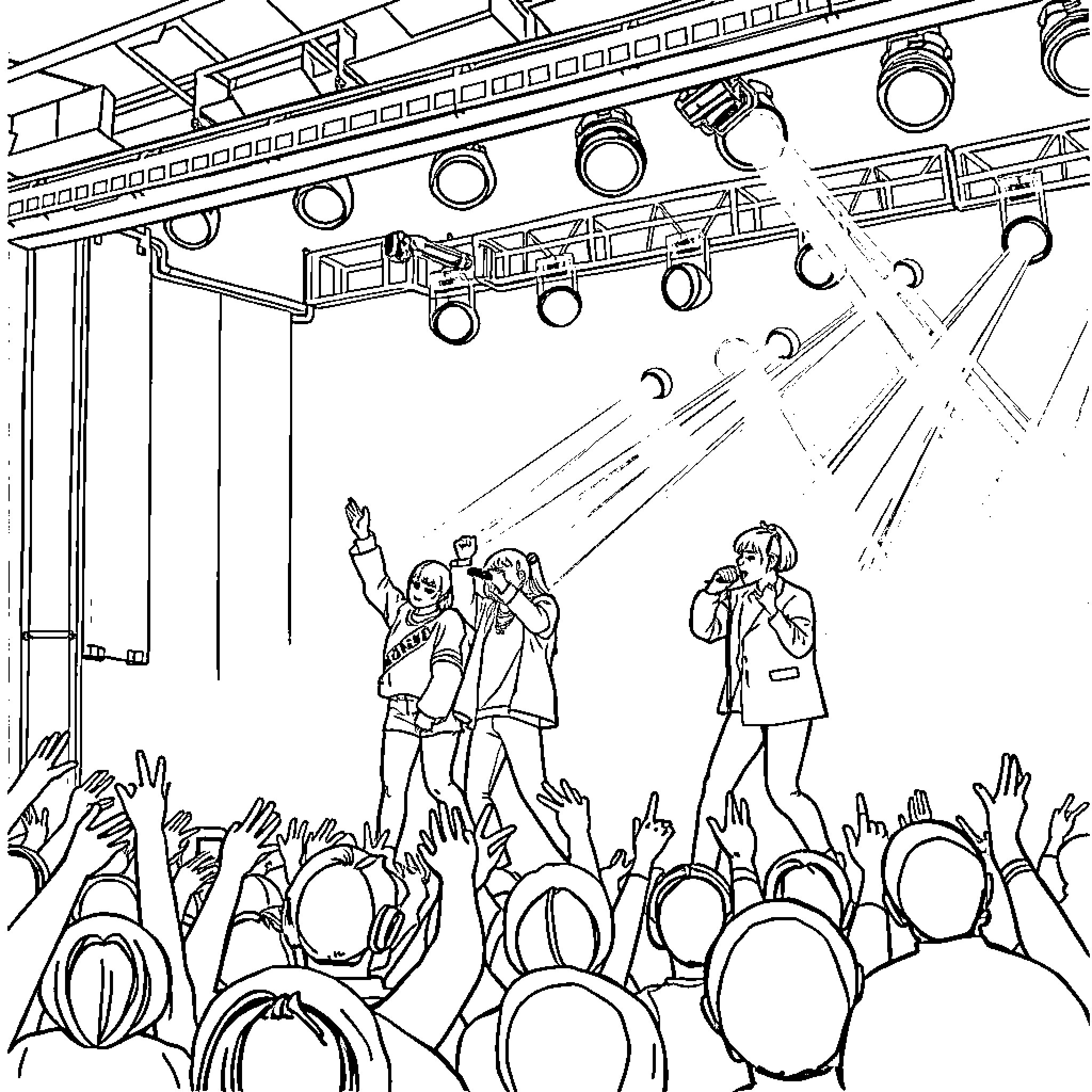 Kpop Singer performing on stage with cheering crowd Coloring Page (free black-and-white line drawing printable PDF for all, from beginners to advanced learners, including children, teens, adults, and seniors)