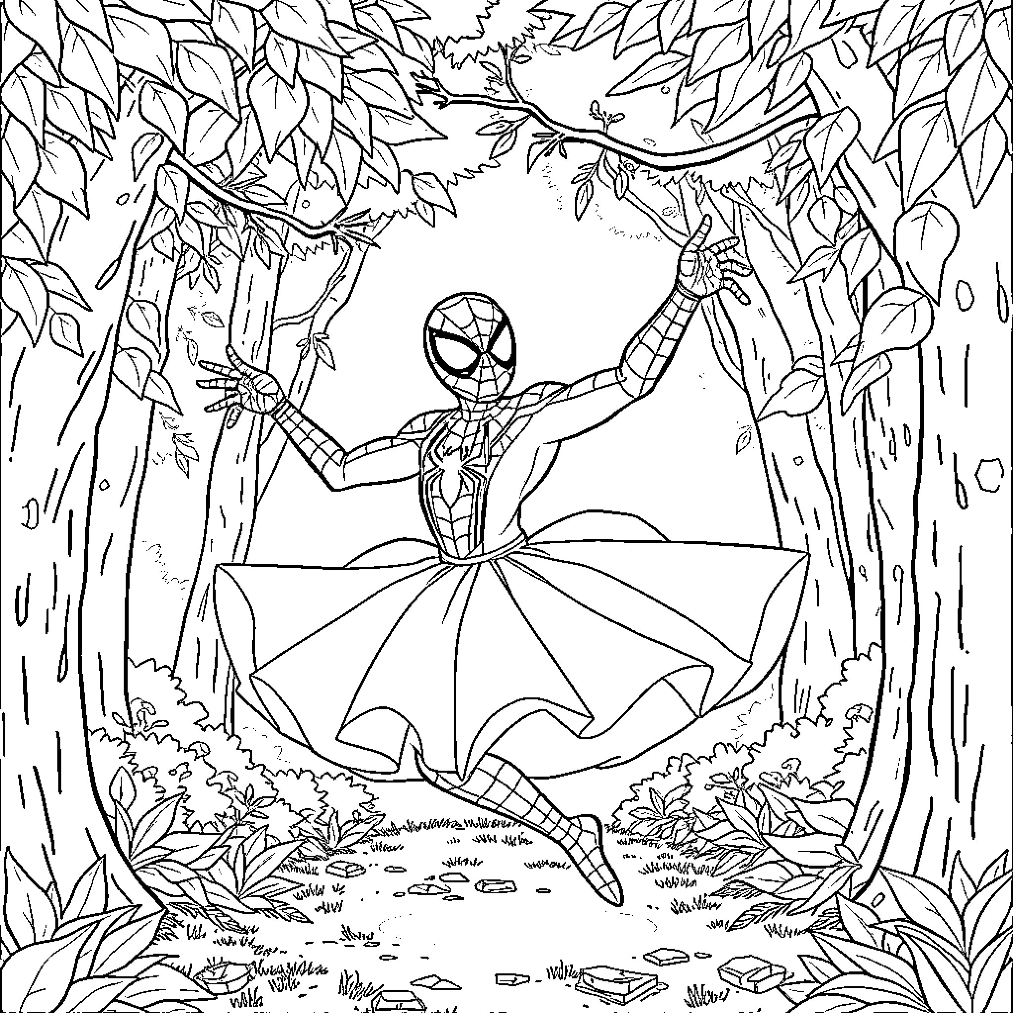 Spider-Man dancing in the enchanted forest Coloring Page (free black-and-white line drawing printable PDF for all, from beginners to advanced learners, including children, teens, adults, and seniors)