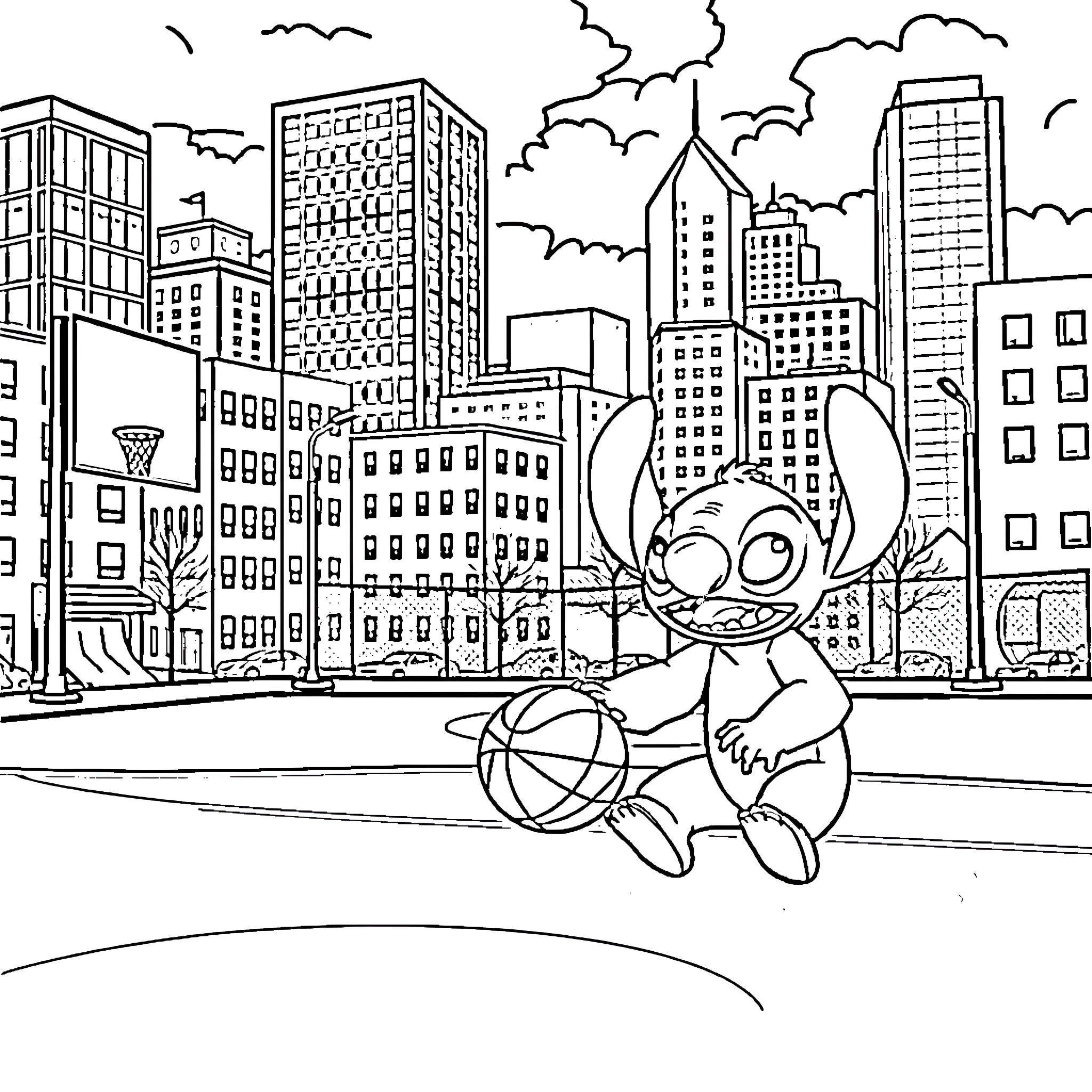Lilo And Stitch playing basketball in the city Coloring Page (free black-and-white line drawing printable PDF for all, from beginners to advanced learners, including children, teens, adults, and seniors)