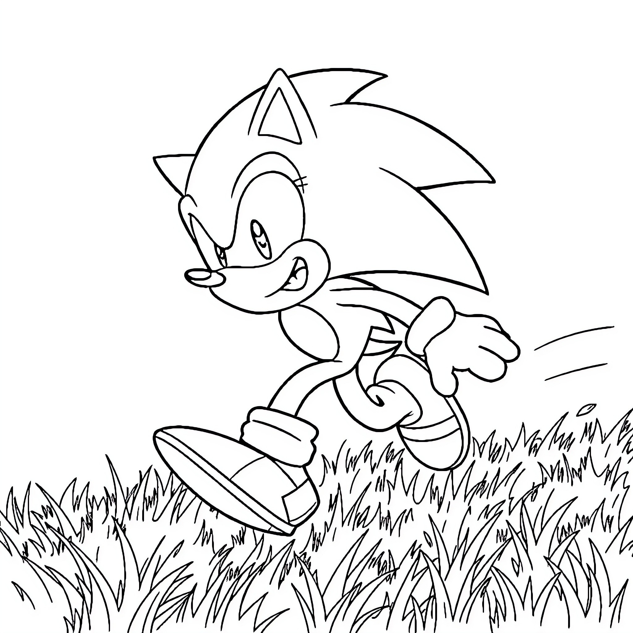 Sonic speeding through the grassy field Coloring Page (free black-and-white line drawing printable PDF for all, from beginners to advanced learners, including children, teens, adults, and seniors)