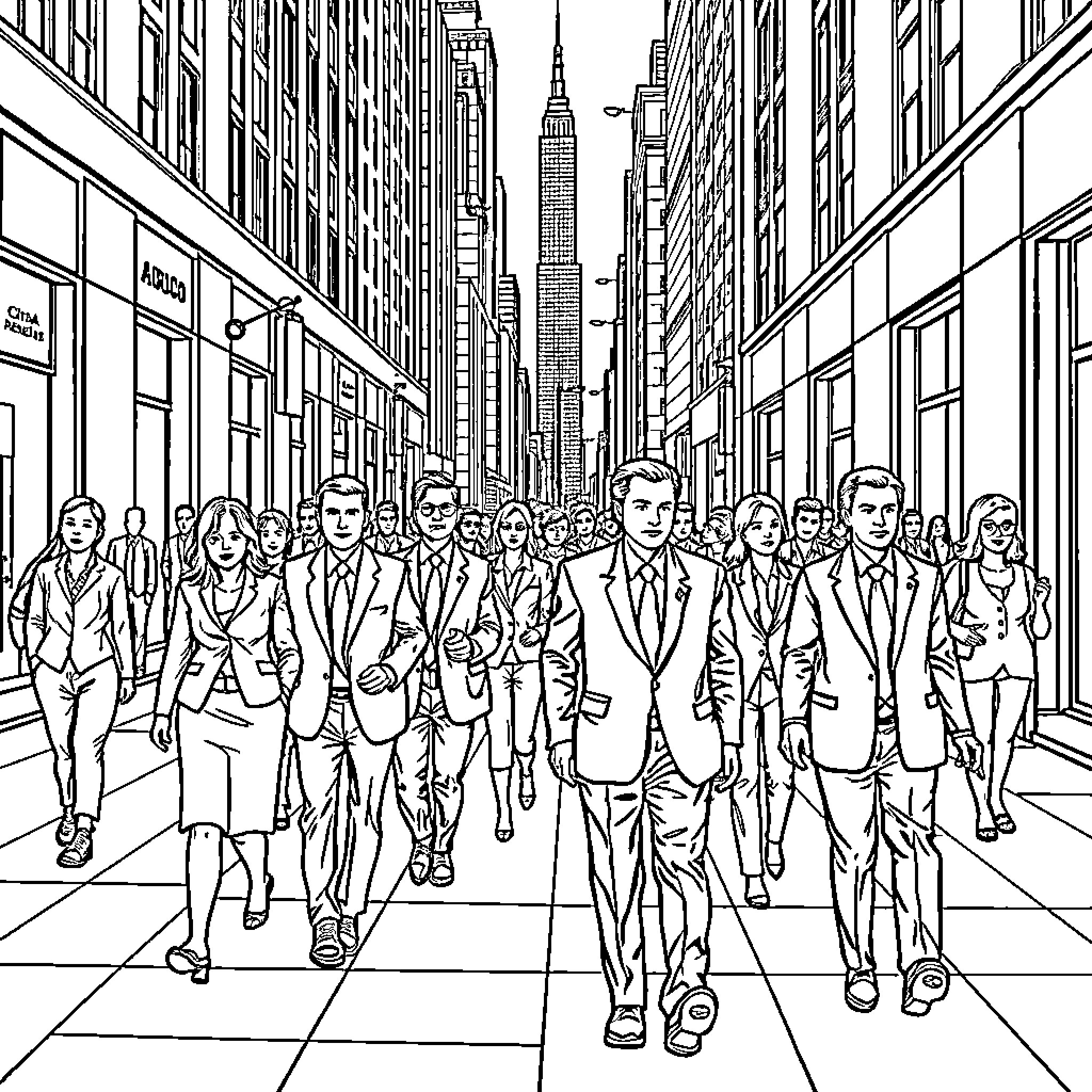 Person walking in a busy city street Coloring Page (free black-and-white line drawing printable PDF for all, from beginners to advanced learners, including children, teens, adults, and seniors)