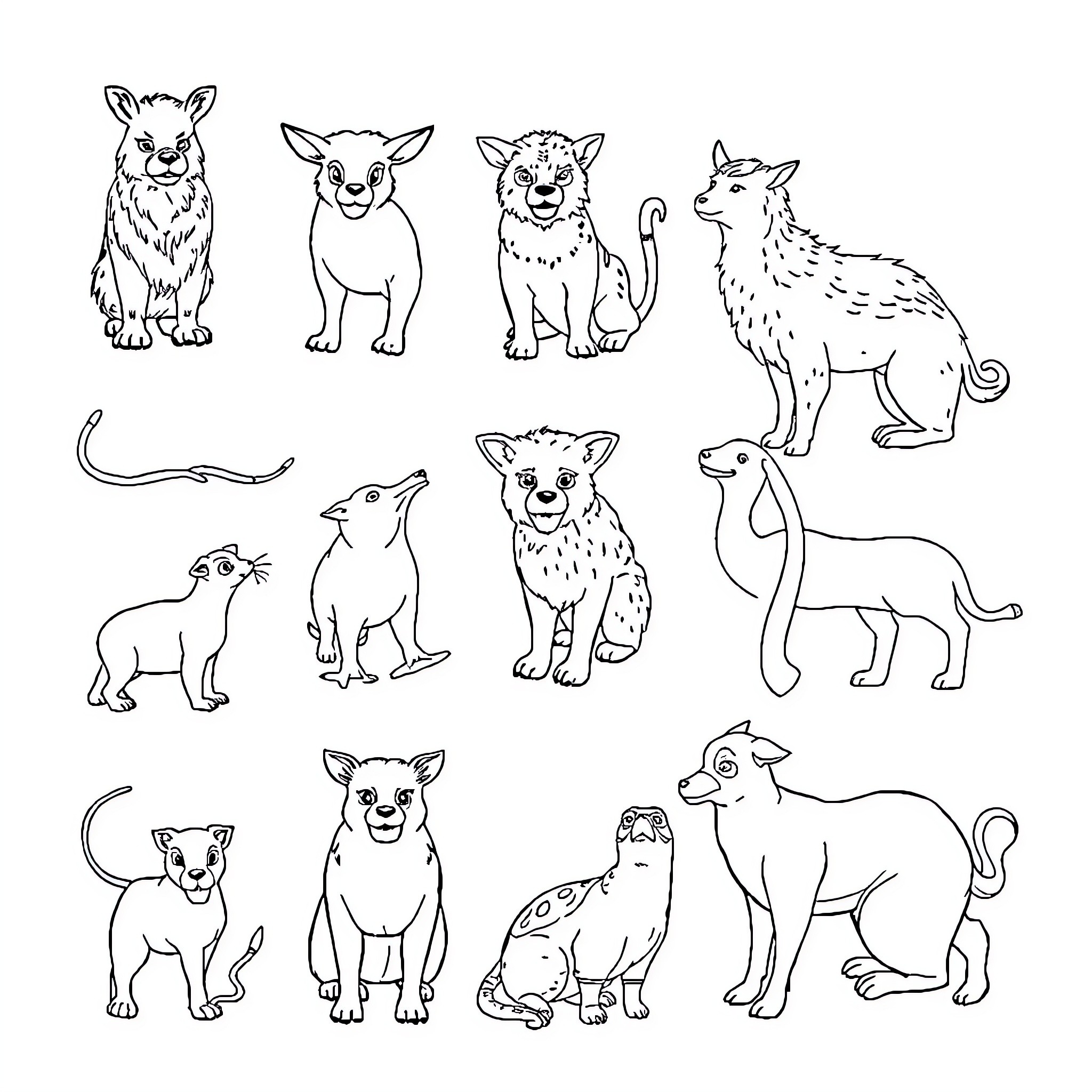 Animal cartoon characters in various poses Coloring Page (free black-and-white line drawing printable PDF for all, from beginners to advanced learners, including children, teens, adults, and seniors)