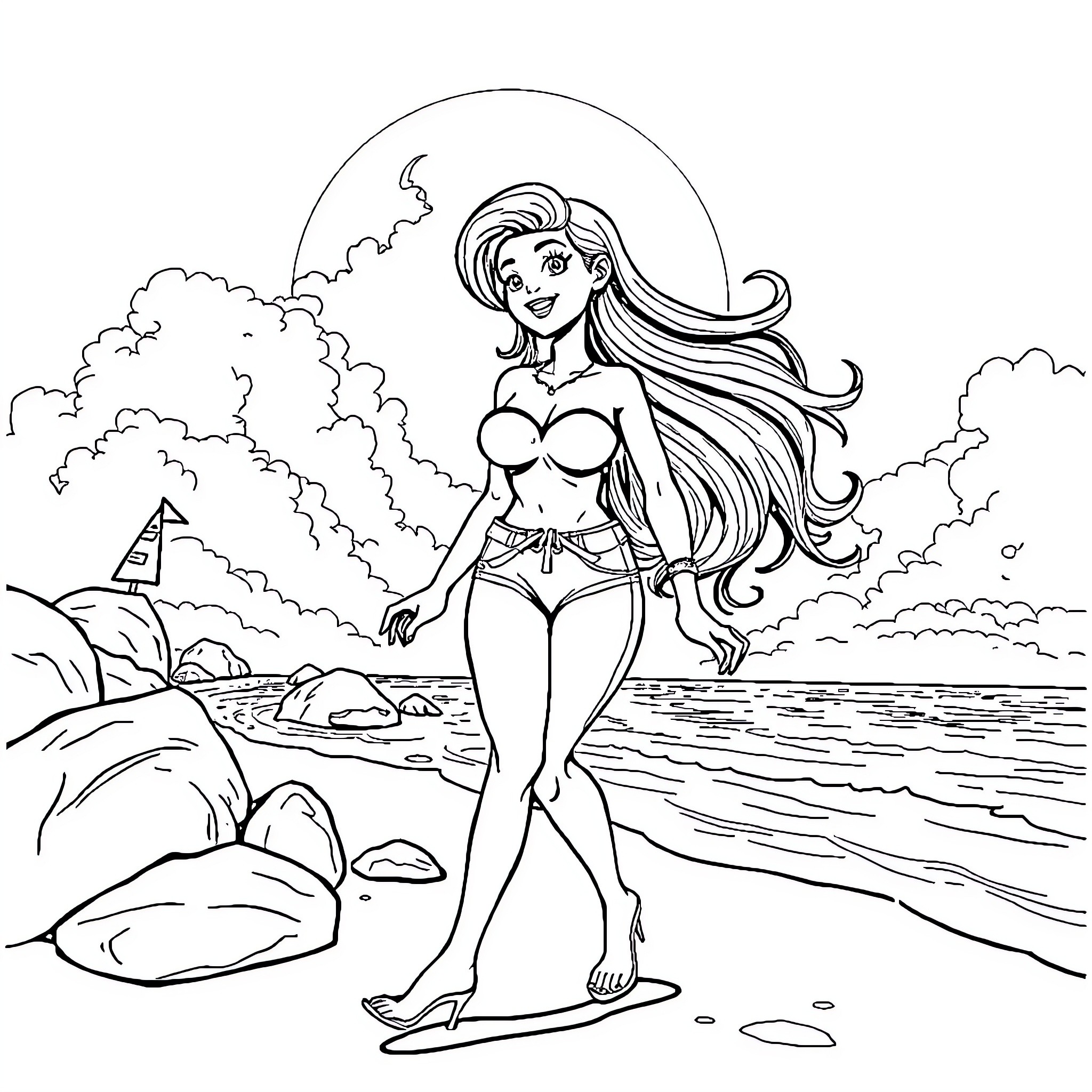 Sirenita enjoying a sunny day at the beach Coloring Page (free black-and-white line drawing printable PDF for all, from beginners to advanced learners, including children, teens, adults, and seniors)