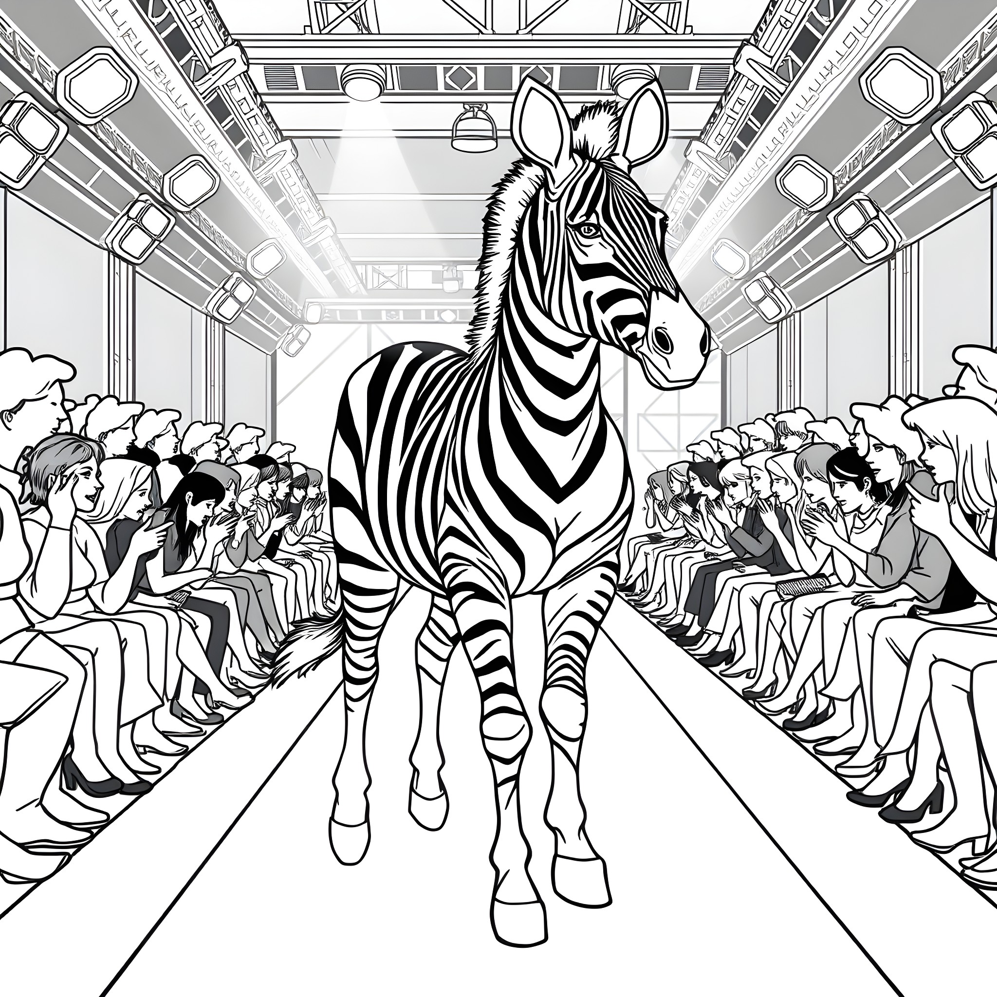 Zebra strutting down a fashion runway Coloring Page (free black-and-white line drawing printable PDF for all, from beginners to advanced learners, including children, teens, adults, and seniors)