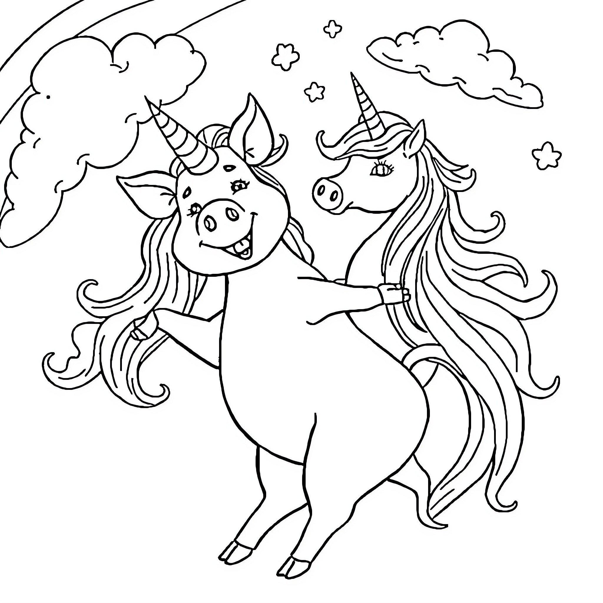 Cochon unicorns playing joyfully in the clouds Coloring Page (free black-and-white line drawing printable PDF for all, from beginners to advanced learners, including children, teens, adults, and seniors)