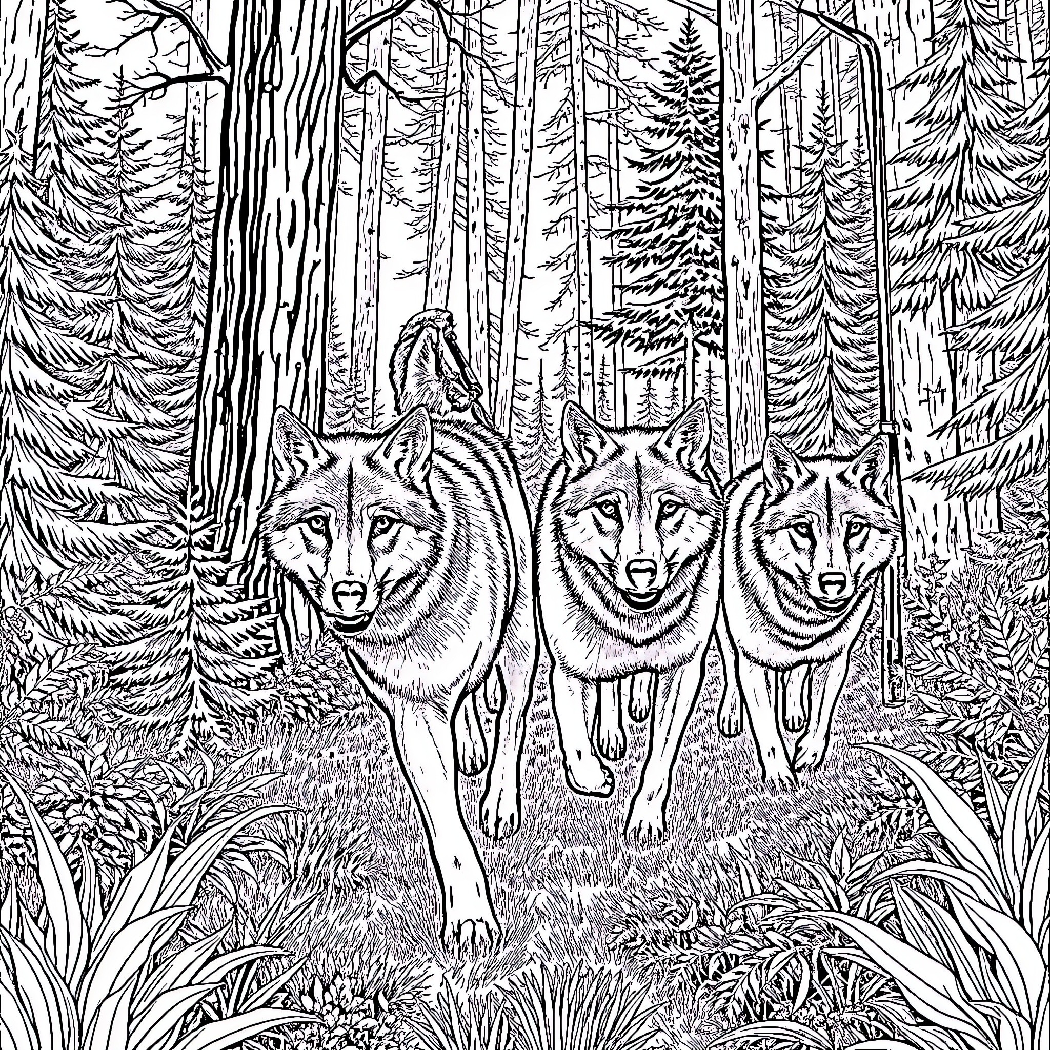 Wolf Pack Roaming in the Wilderness Coloring Page (free black-and-white line drawing printable PDF for all, from beginners to advanced learners, including children, teens, adults, and seniors)
