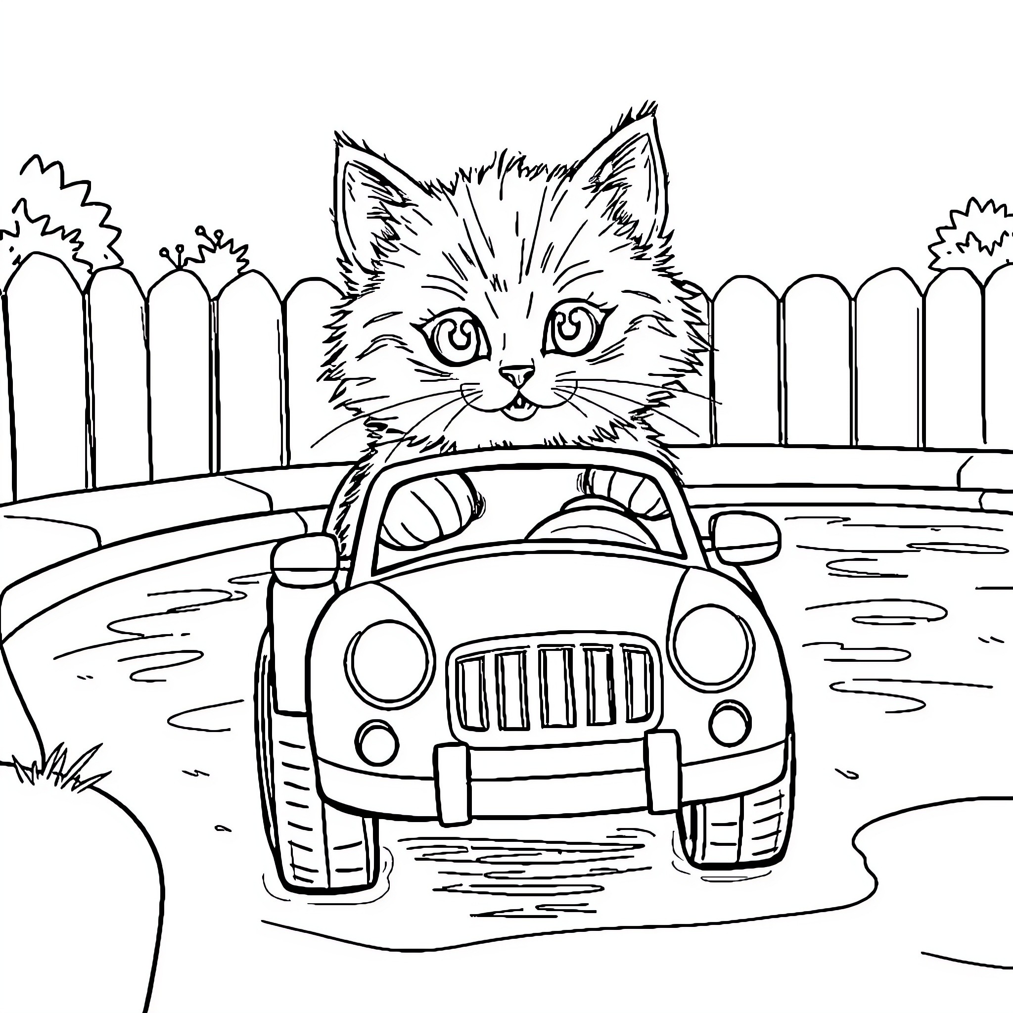 Cat driving toy car in backyard Coloring Page (free black-and-white line drawing printable PDF for all, from beginners to advanced learners, including children, teens, adults, and seniors)