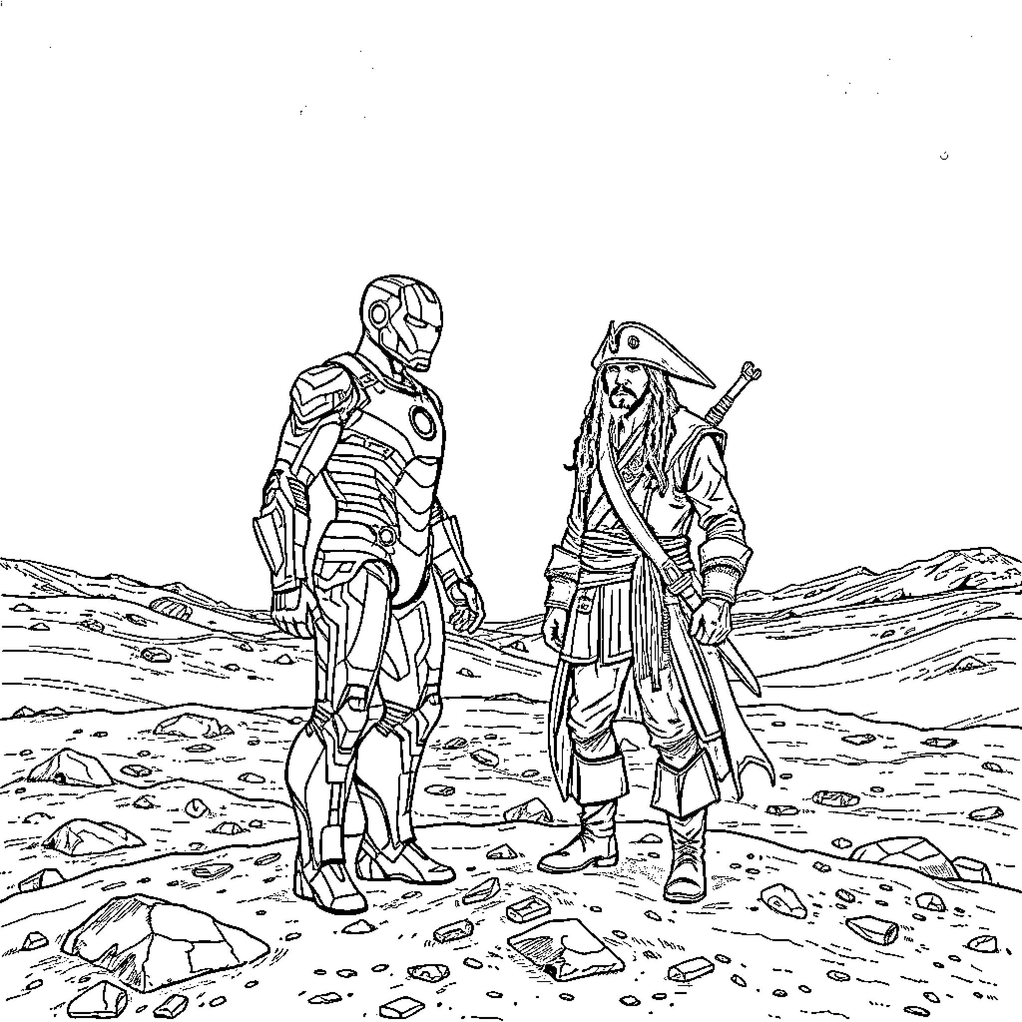 Ironman and Pirate in the Desolate Landscape Coloring Page (free black-and-white line drawing printable PDF for all, from beginners to advanced learners, including children, teens, adults, and seniors)