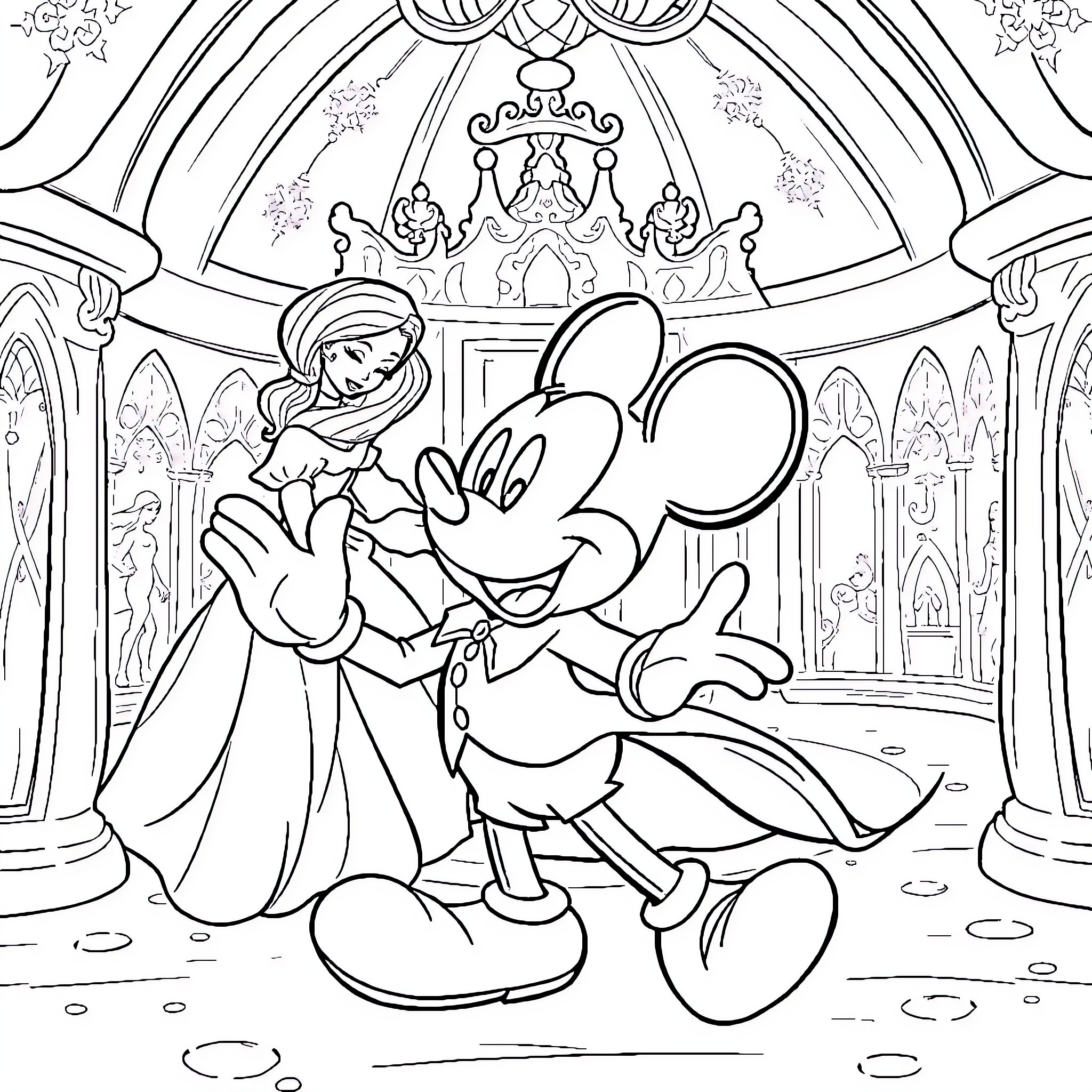 Mickey Mouse's Whimsical Adventure in the Castle Coloring Page (free black-and-white line drawing printable PDF for all, from beginners to advanced learners, including children, teens, adults, and seniors)