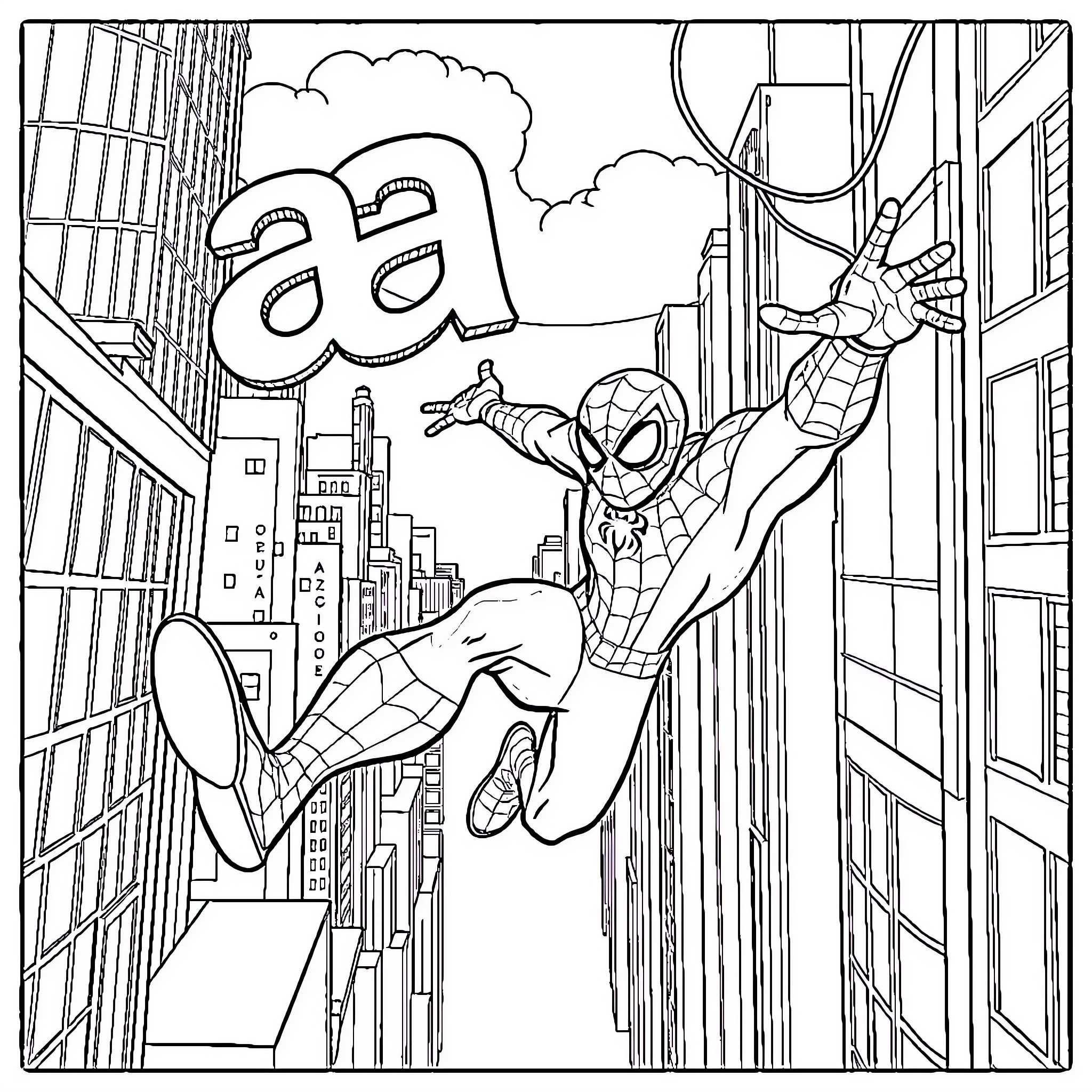 Spiderman swinging through the city Coloring Page (free black-and-white line drawing printable PDF for all, from beginners to advanced learners, including children, teens, adults, and seniors)