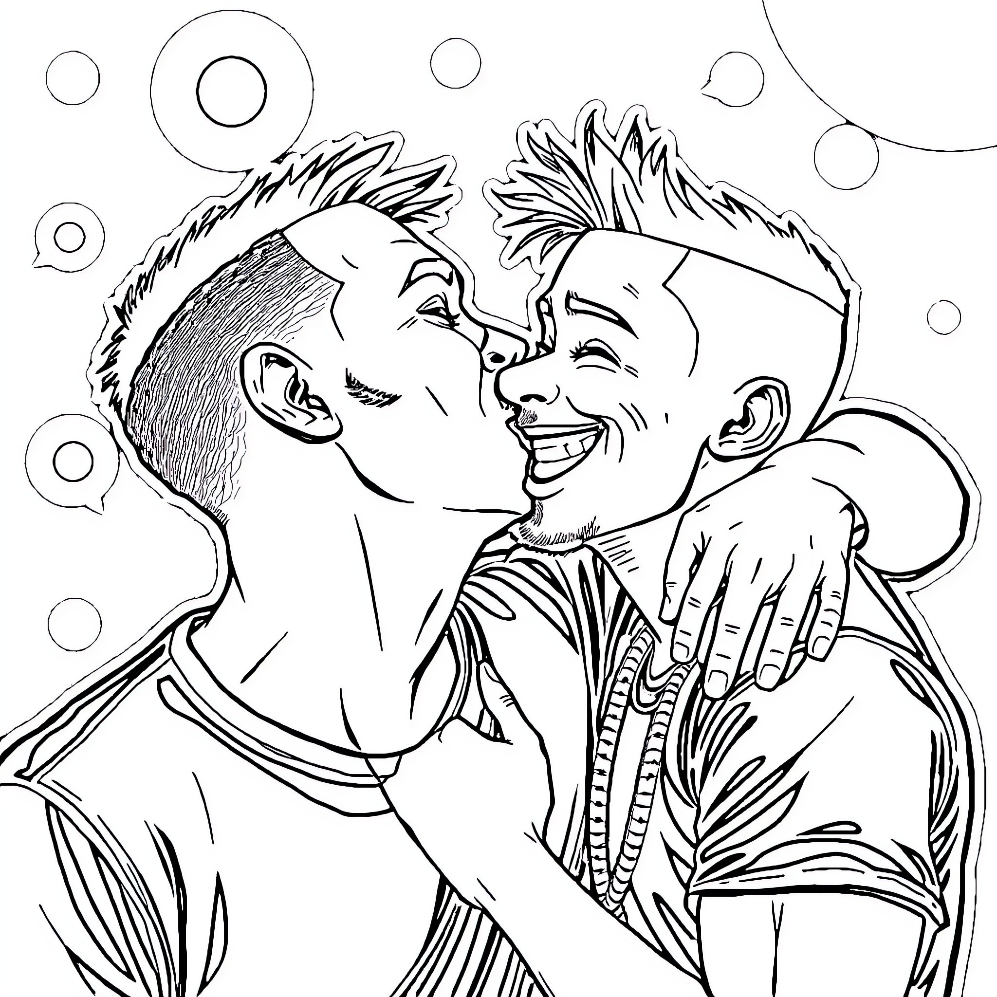 Randy and Pal Sharing a Joyful Moment Coloring Page (free black-and-white line drawing printable PDF for all, from beginners to advanced learners, including children, teens, adults, and seniors)