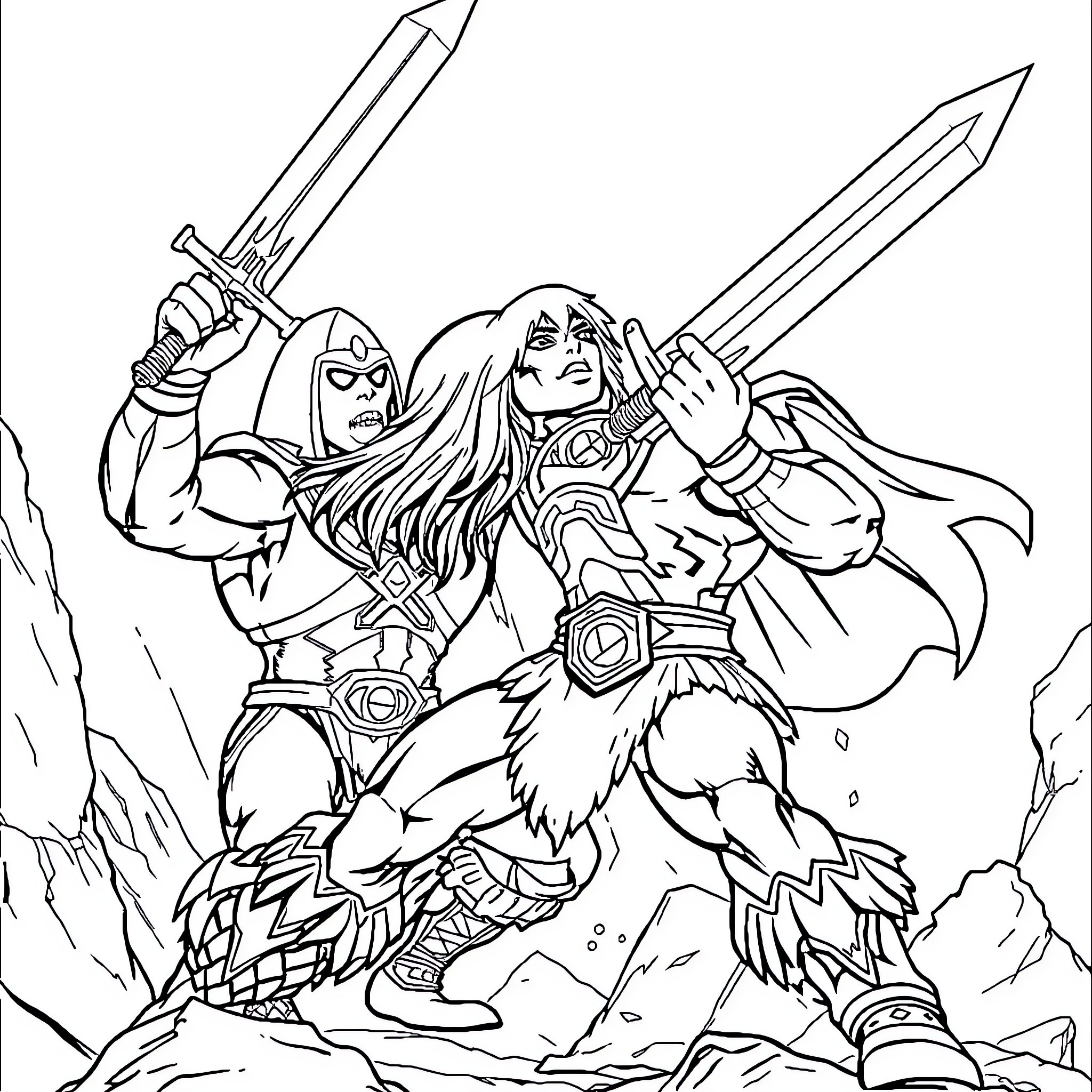 He-Man battles with powerful swords in an epic scene Coloring Page (free black-and-white line drawing printable PDF for all, from beginners to advanced learners, including children, teens, adults, and seniors)