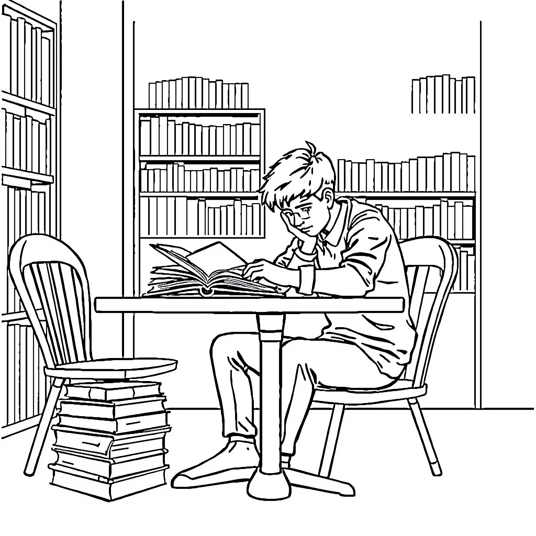 Student reading intently in library Coloring Page (free black-and-white line drawing printable PDF for all, from beginners to advanced learners, including children, teens, adults, and seniors)