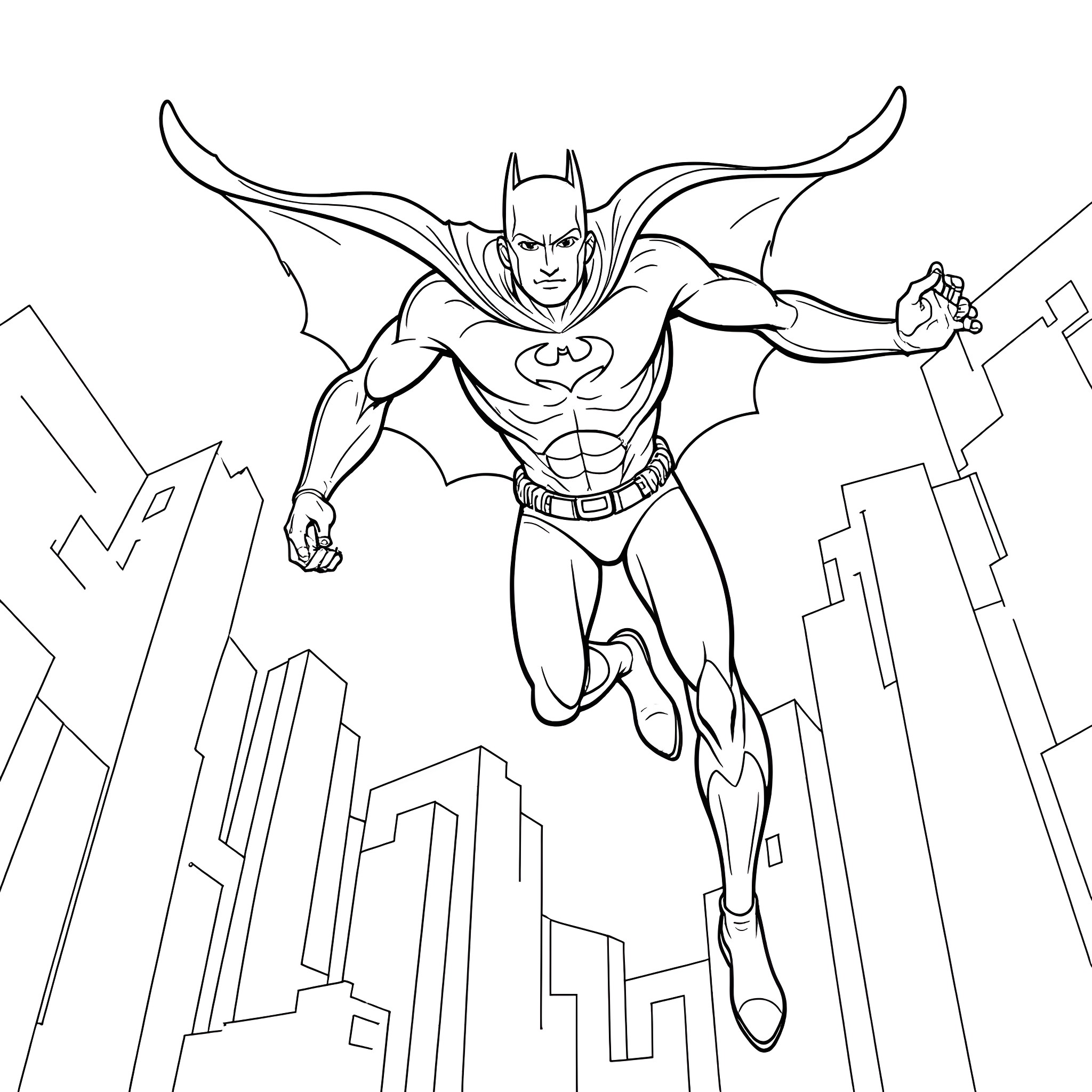 Batman soaring above the cityscape in action Coloring Page (free black-and-white line drawing printable PDF for all, from beginners to advanced learners, including children, teens, adults, and seniors)
