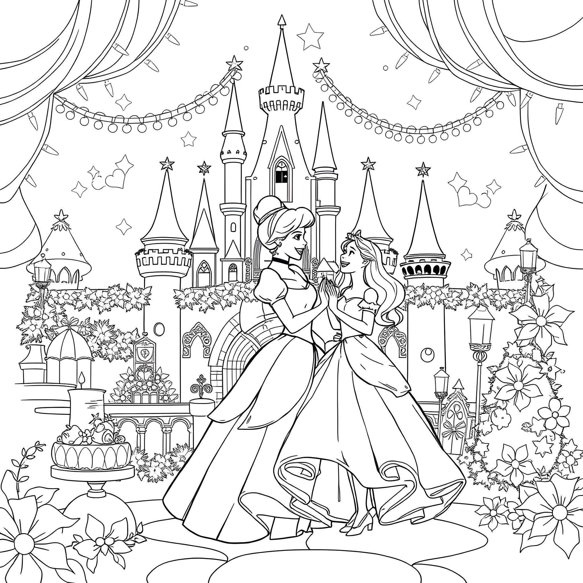 Cinderella's Enchanted Castle Ball Coloring Page (free black-and-white line drawing printable PDF for all, from beginners to advanced learners, including children, teens, adults, and seniors)