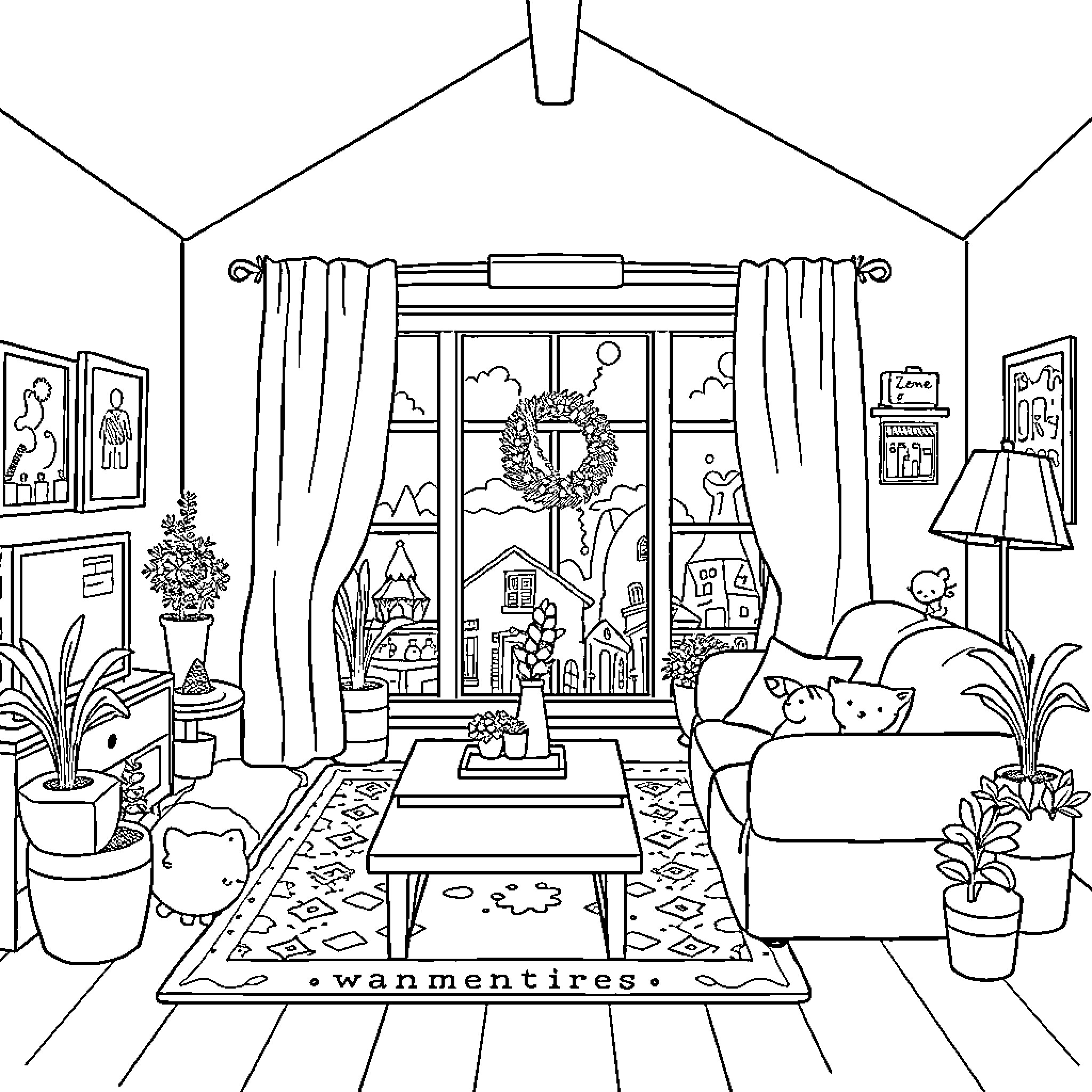 Bear enjoying a cozy winter scene inside Coloring Page (free black-and-white line drawing printable PDF for all, from beginners to advanced learners, including children, teens, adults, and seniors)