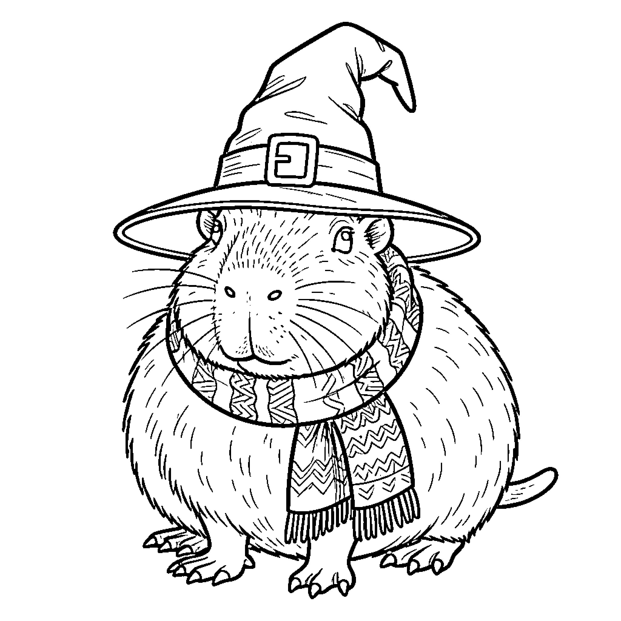 Capybara in a Witch's Hat and Scarf Coloring Page (free black-and-white line drawing printable PDF for all, from beginners to advanced learners, including children, teens, adults, and seniors)