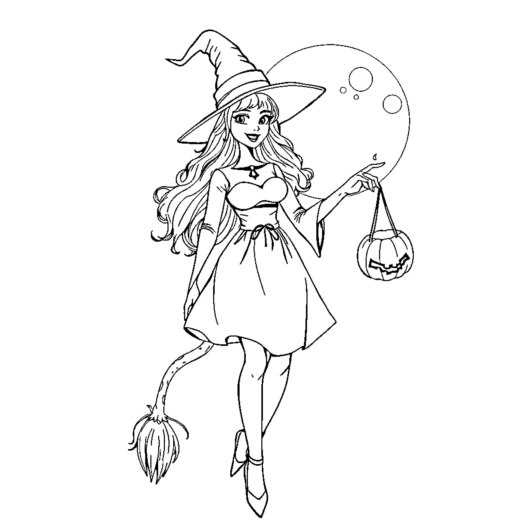 Witch holding a pumpkin lantern on a moonlit night Coloring Page (free black-and-white line drawing printable PDF for all, from beginners to advanced learners, including children, teens, adults, and seniors)