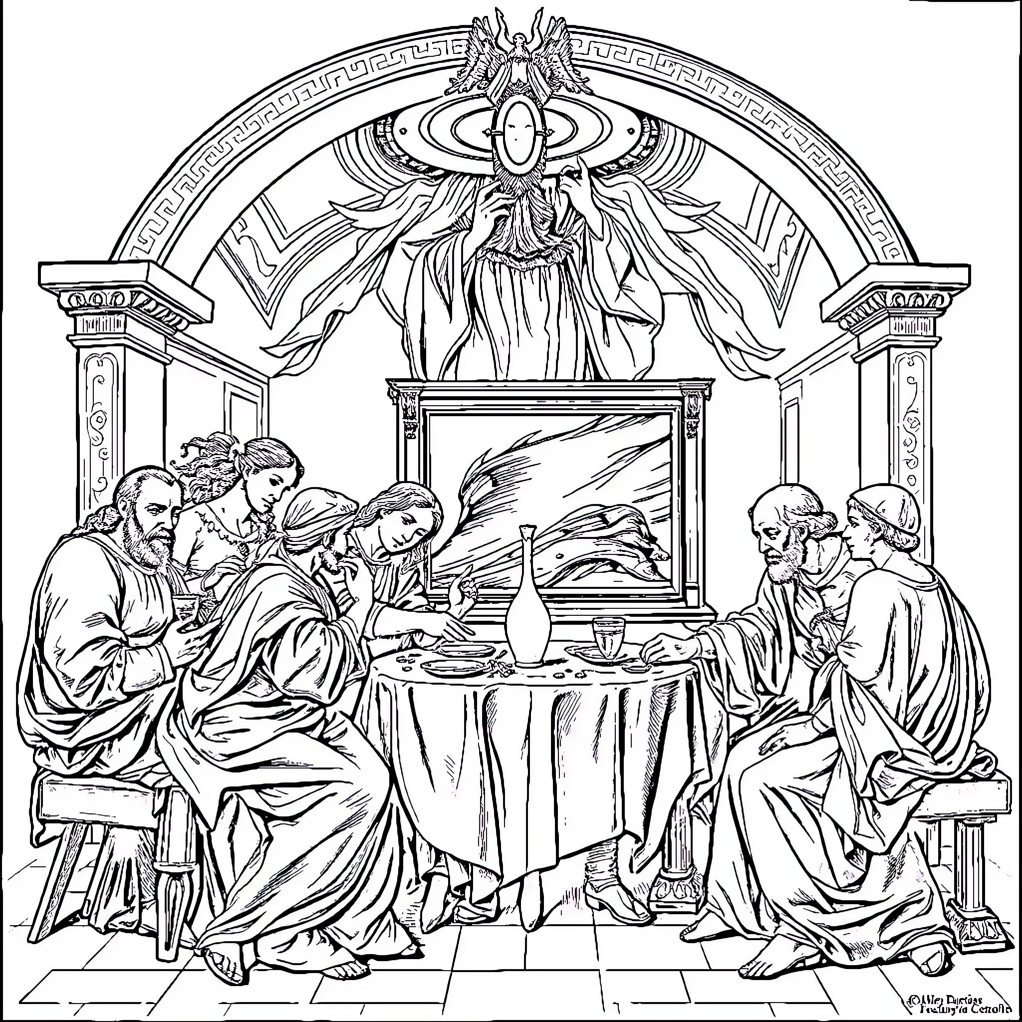 Caravaggio's Feast of Bacchus: Figures in Elaborate Attire at a Dining Table Coloring Page (free black-and-white line drawing printable PDF for all, from beginners to advanced learners, including children, teens, adults, and seniors)