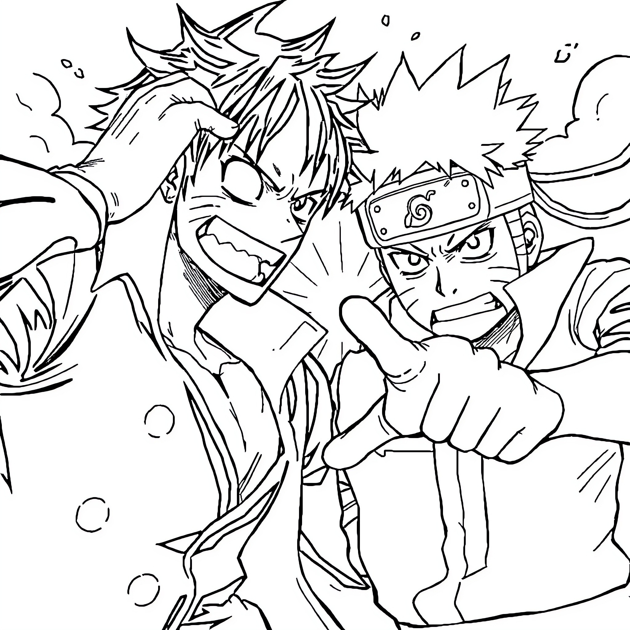 Luffy and Naruto engage in a thrilling battle Coloring Page (free black-and-white line drawing printable PDF for all, from beginners to advanced learners, including children, teens, adults, and seniors)