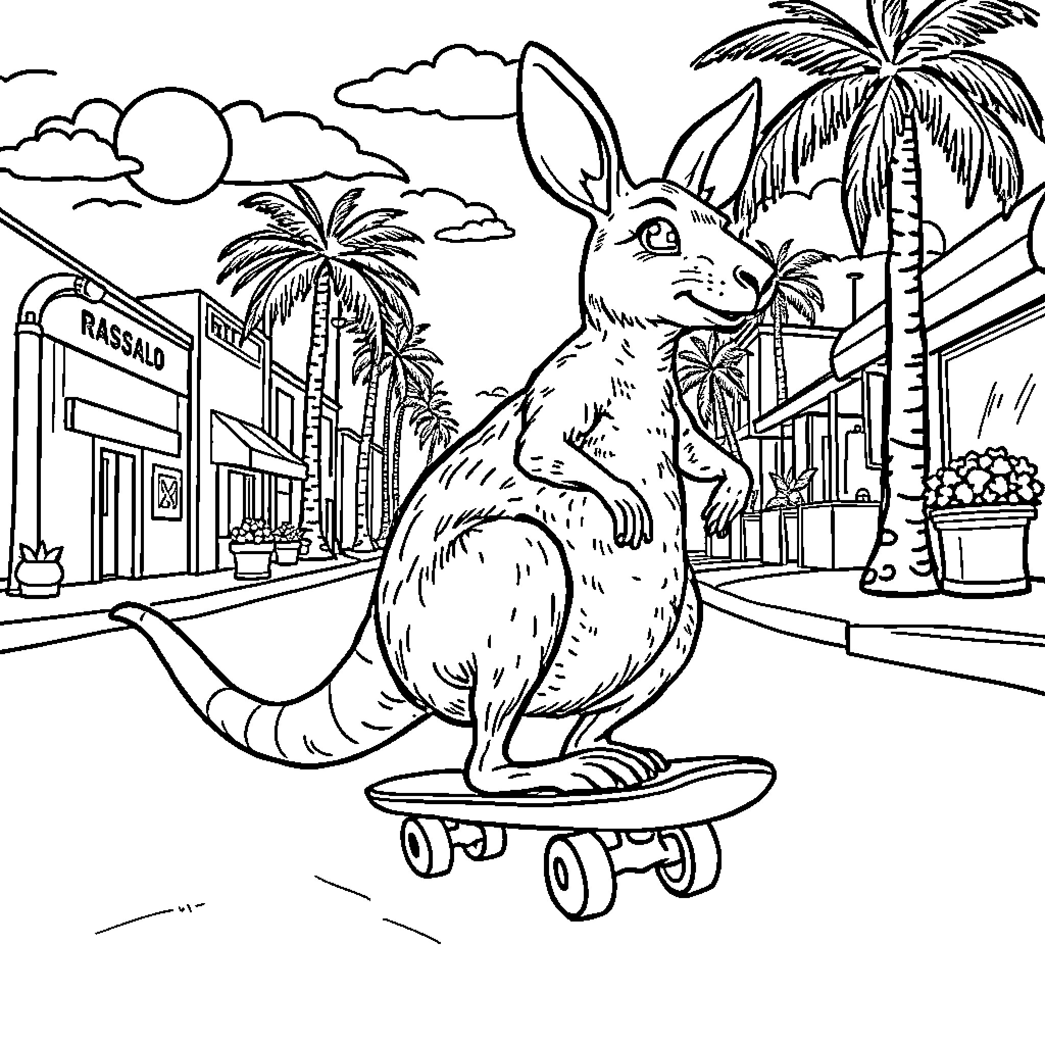 Kangaroo skateboarding through a tropical town Coloring Page (free black-and-white line drawing printable PDF for all, from beginners to advanced learners, including children, teens, adults, and seniors)