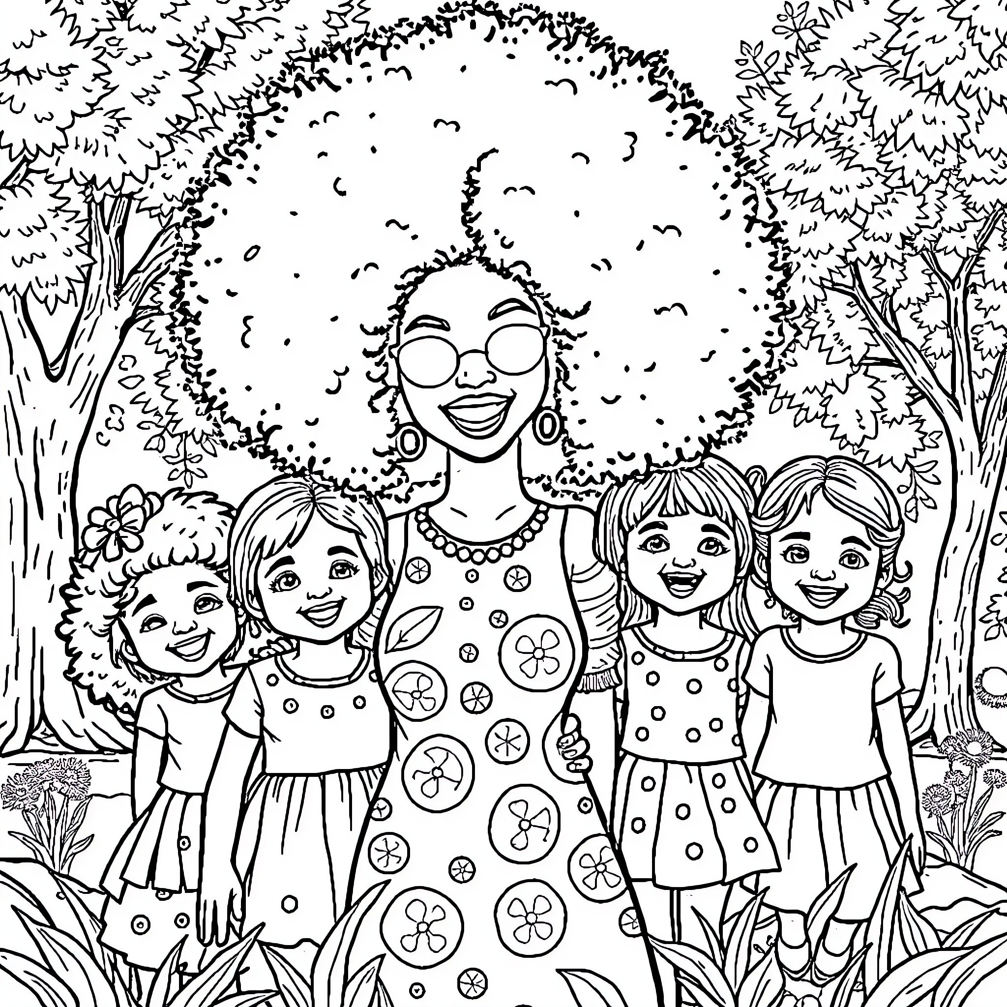 Mother and her daughters in a whimsical garden Coloring Page (free black-and-white line drawing printable PDF for all, from beginners to advanced learners, including children, teens, adults, and seniors)
