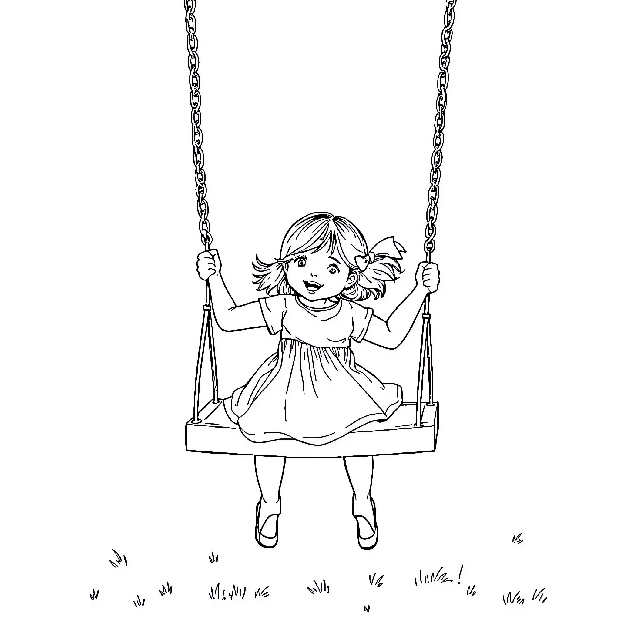 Girl on a swing in an outdoor setting Coloring Page (free black-and-white line drawing printable PDF for all, from beginners to advanced learners, including children, teens, adults, and seniors)