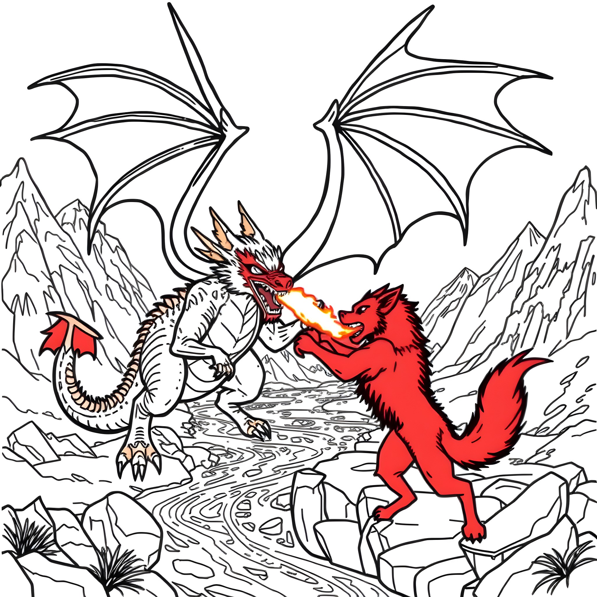Dragon battling a fierce red creature in a snowy landscape Coloring Page (free black-and-white line drawing printable PDF for all, from beginners to advanced learners, including children, teens, adults, and seniors)