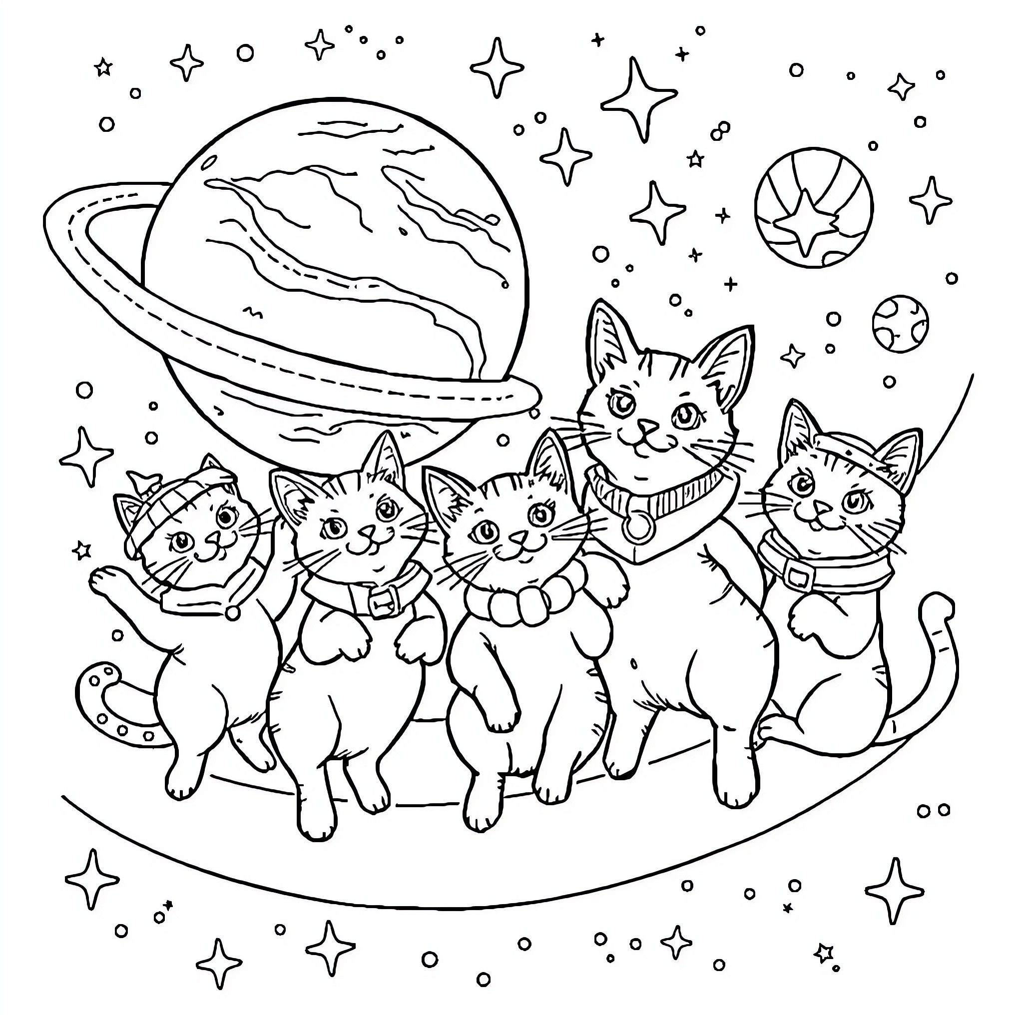 Cats playing in the cosmic space Coloring Page (free black-and-white line drawing printable PDF for all, from beginners to advanced learners, including children, teens, adults, and seniors)