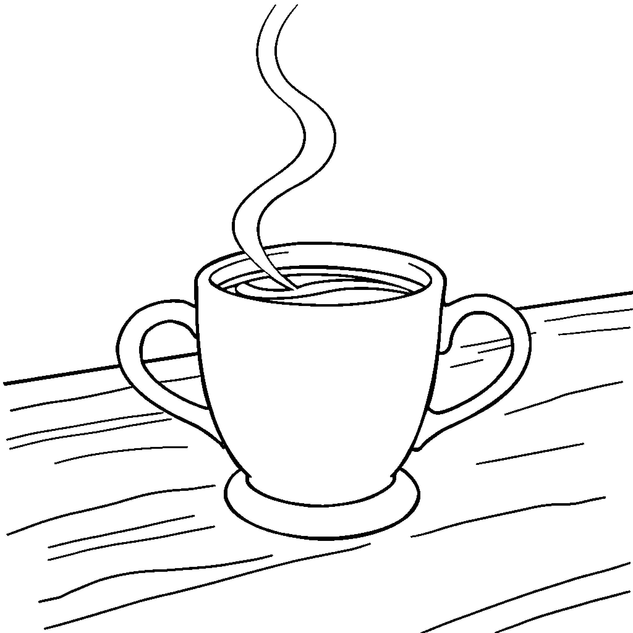 Coffee Cup with Steaming Hot Beverage Coloring Page (free black-and-white line drawing printable PDF for all, from beginners to advanced learners, including children, teens, adults, and seniors)