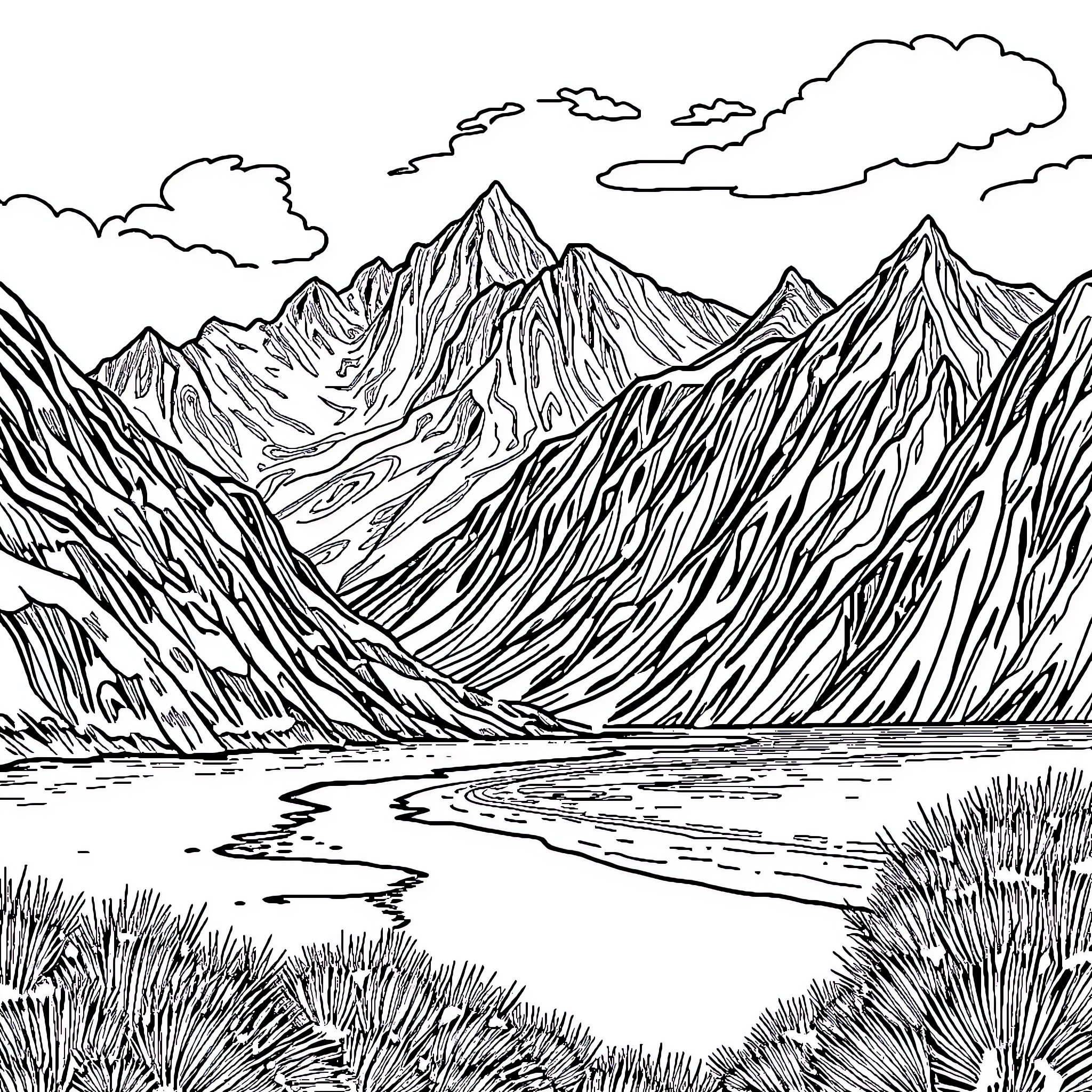 Beach with majestic mountain landscape Coloring Page (free black-and-white line drawing printable PDF for all, from beginners to advanced learners, including children, teens, adults, and seniors)