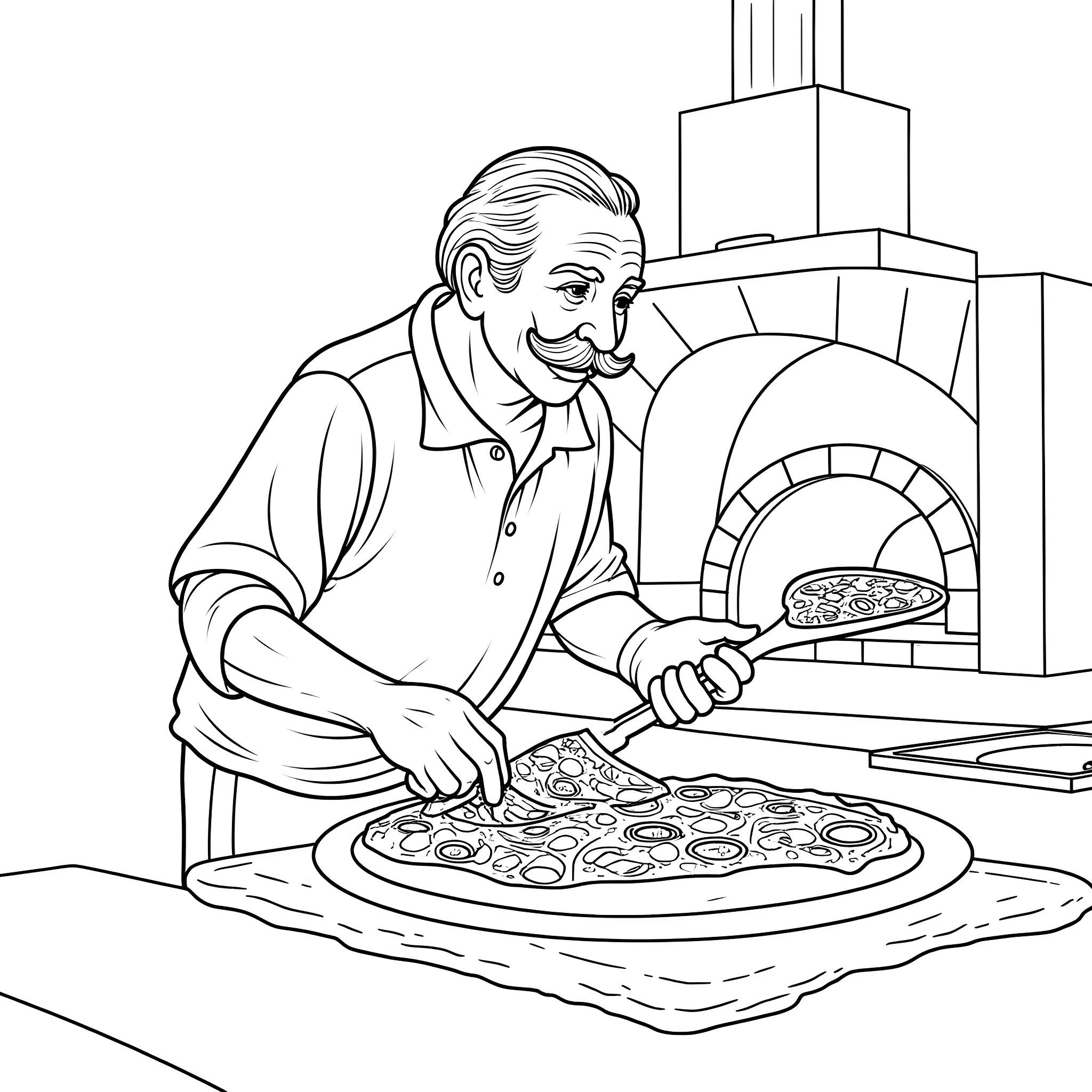Guy preparing a delicious pizza in a wood-fired oven Coloring Page (free black-and-white line drawing printable PDF for all, from beginners to advanced learners, including children, teens, adults, and seniors)