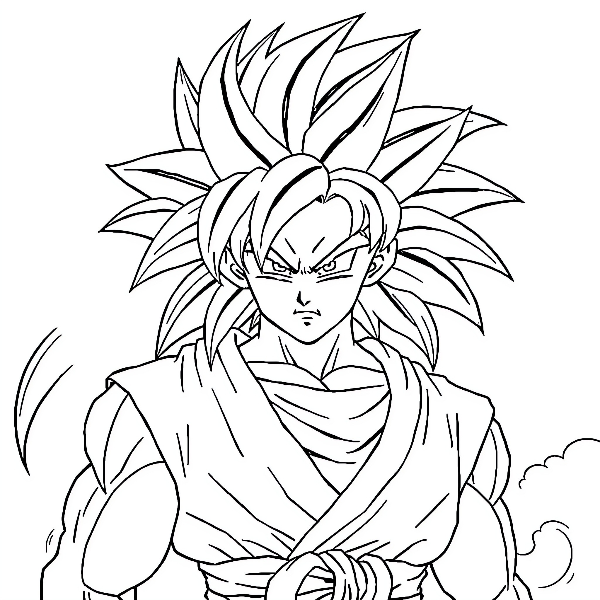 Goku, the powerful warrior, in a fierce stance Coloring Page (free black-and-white line drawing printable PDF for all, from beginners to advanced learners, including children, teens, adults, and seniors)