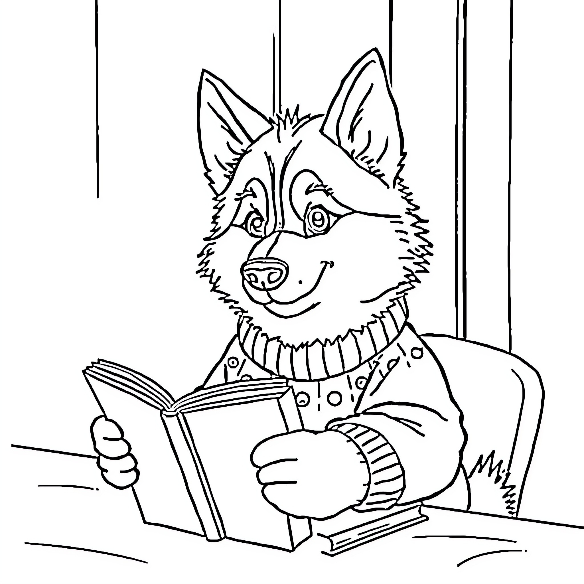 Husky reading a book with enthusiasm Coloring Page (free black-and-white line drawing printable PDF for all, from beginners to advanced learners, including children, teens, adults, and seniors)