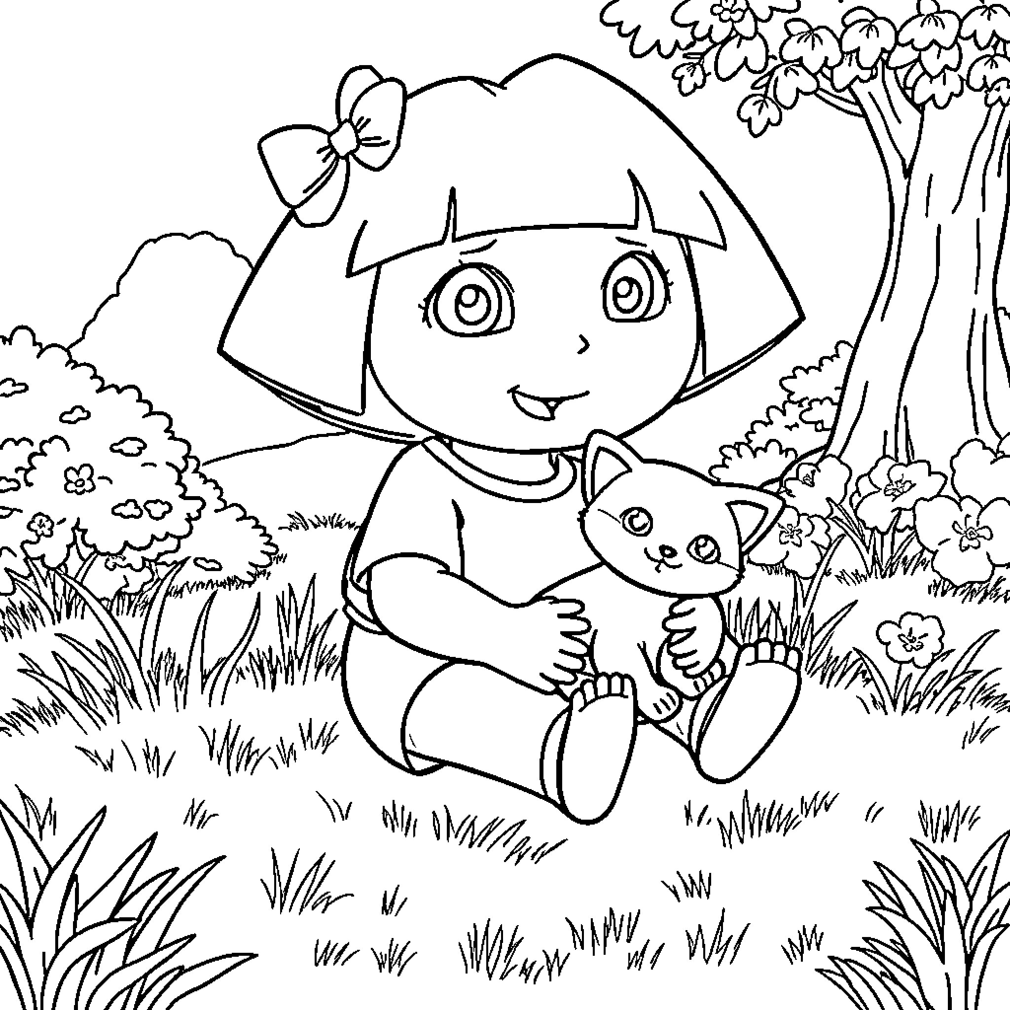 Dora sitting in a field holding a kitten Coloring Page (free black-and-white line drawing printable PDF for all, from beginners to advanced learners, including children, teens, adults, and seniors)