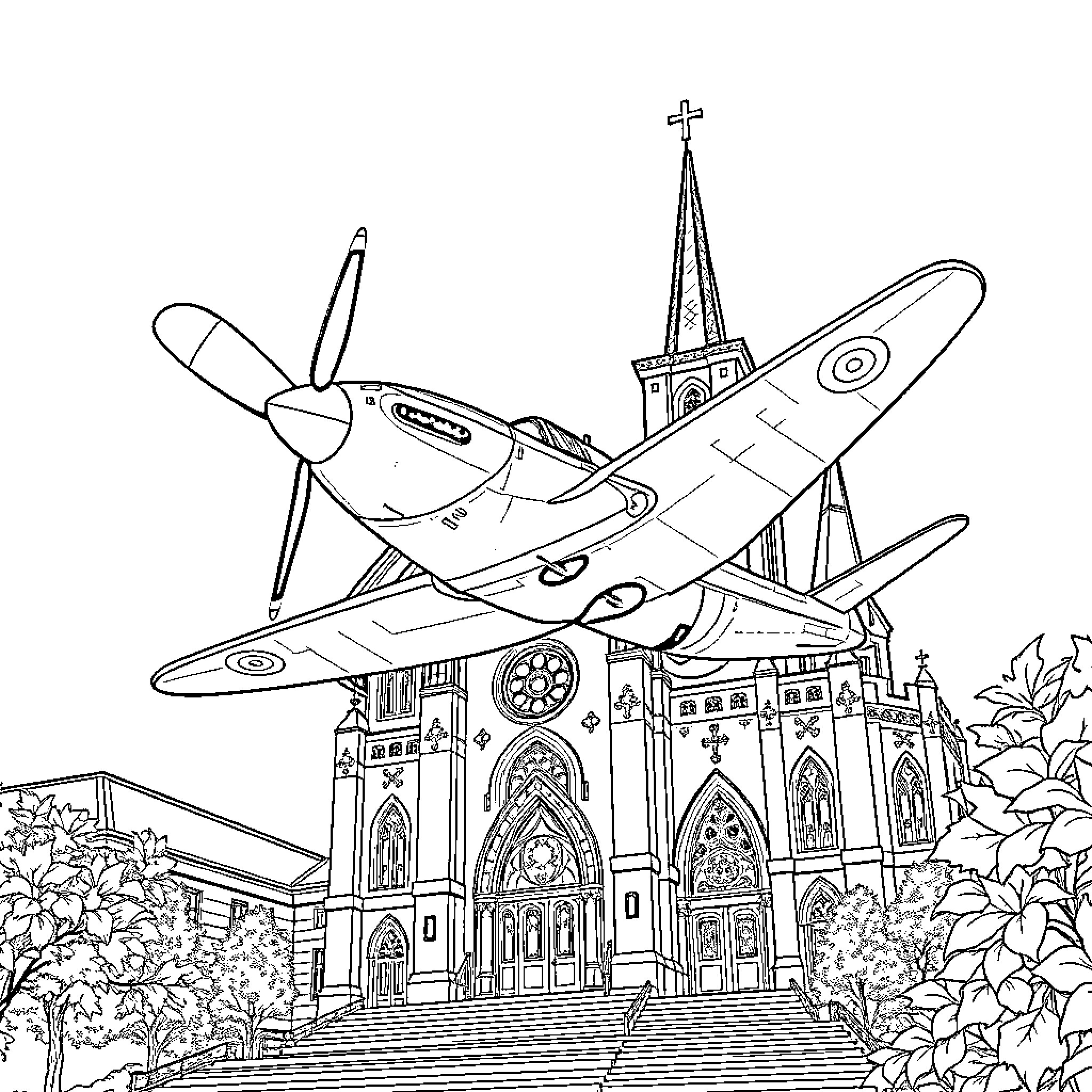 Spitfire soaring over a historic cathedral Coloring Page (free black-and-white line drawing printable PDF for all, from beginners to advanced learners, including children, teens, adults, and seniors)