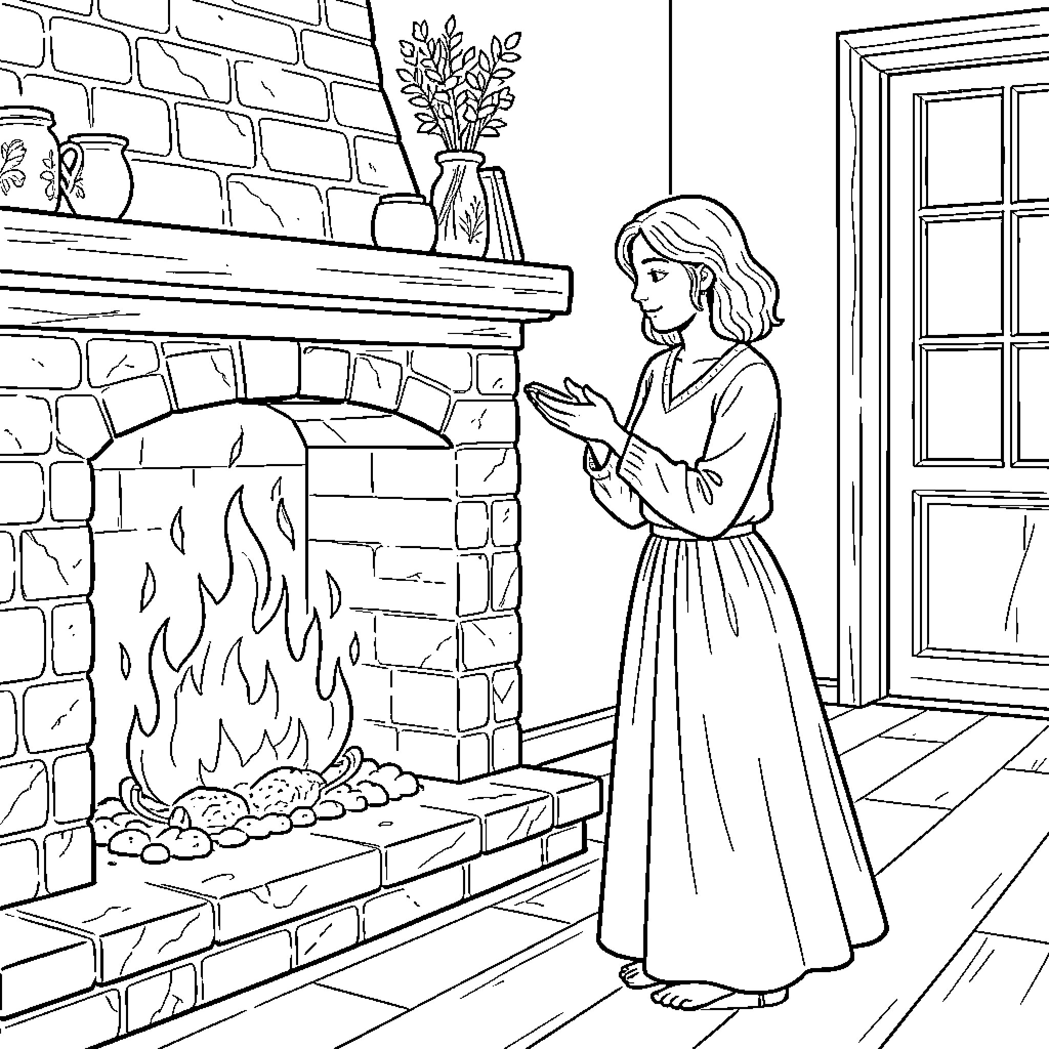 Woman standing by a warm fireplace in a room Coloring Page (free black-and-white line drawing printable PDF for all, from beginners to advanced learners, including children, teens, adults, and seniors)