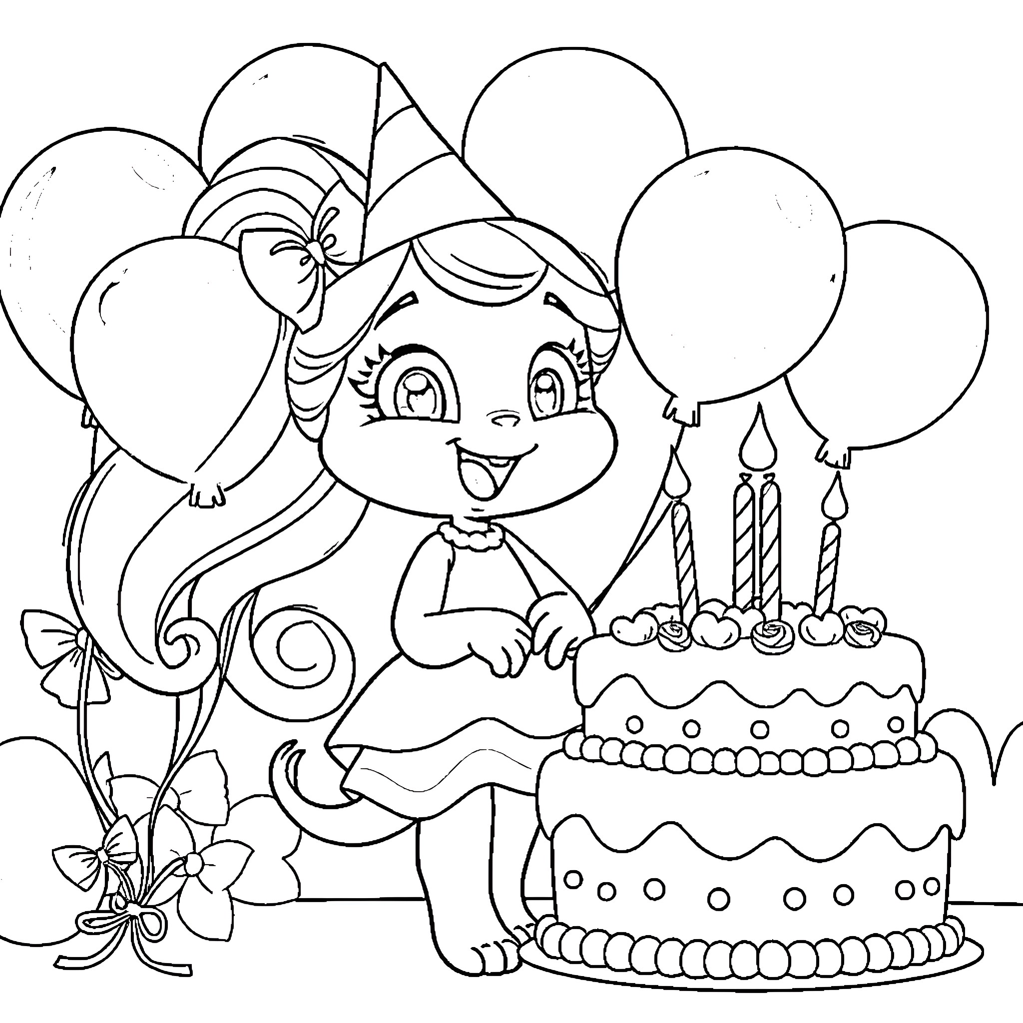 Bluey's Birthday Celebration with Balloons and Cake Coloring Page (free black-and-white line drawing printable PDF for all, from beginners to advanced learners, including children, teens, adults, and seniors)